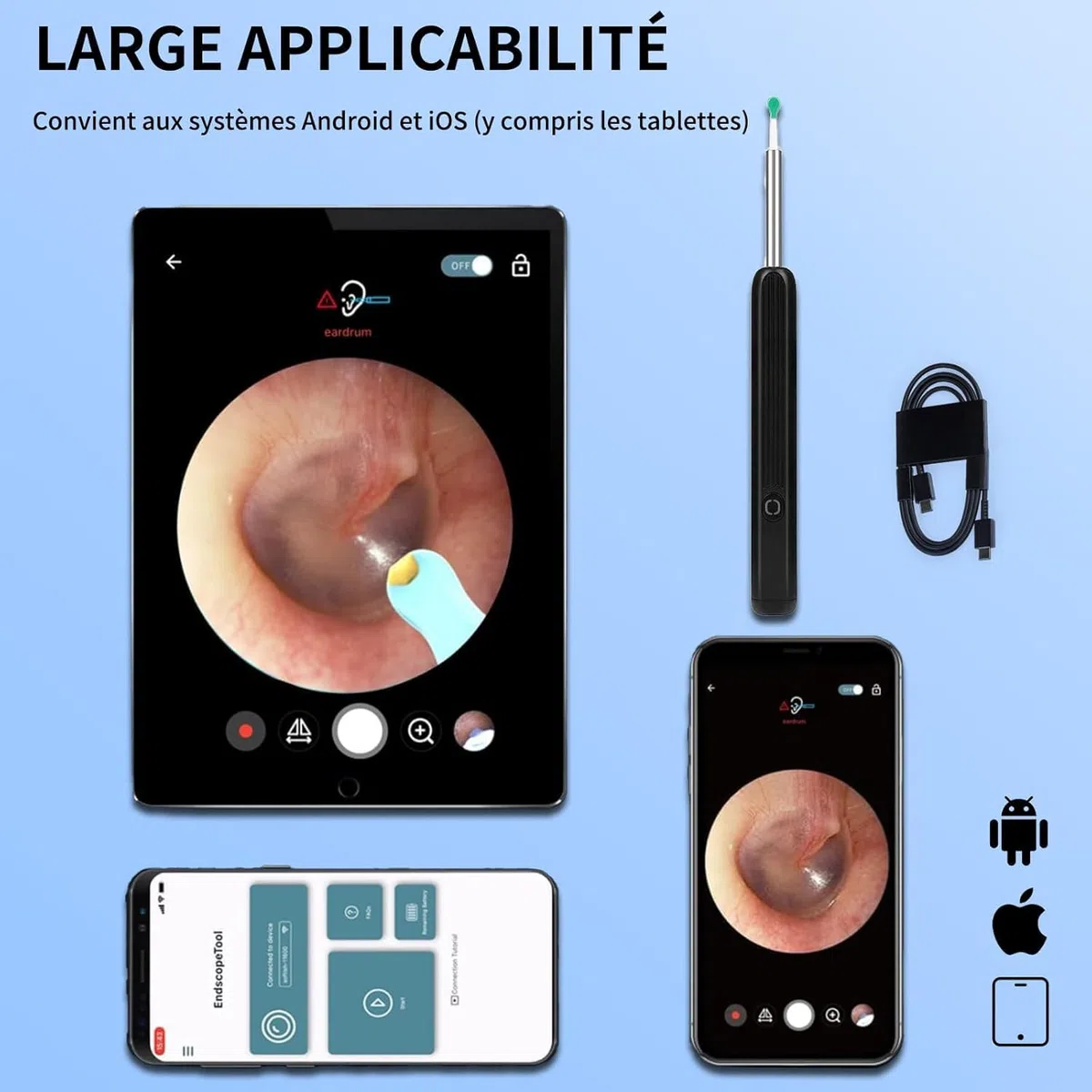 Earo Oreille Otoscope 1080p Hd Kit Camera Oreille, Earo Vision-Caméra Oreille Nettoyage Ip67 Étanche, Endoscope Wifi Nettoyant Oreille Kit Avec 6 Lumières Led, Adapté Aux Smartphones Et Tablettes Ios