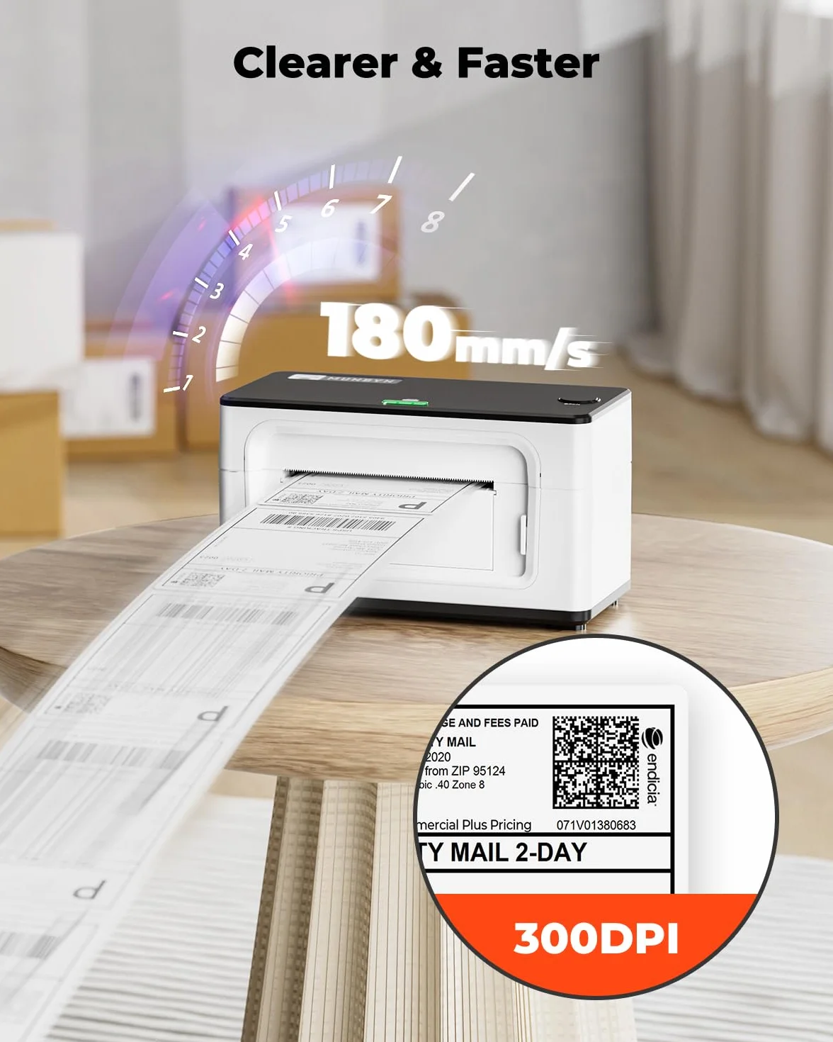MUNBYN 300DPI Imprimante Thermique Bluetooth 4x6, Étiquette Expédition, Vitesse 150mm/s, USB/Bluetooth, Compatible Colissimo UPS Amz Ebay
