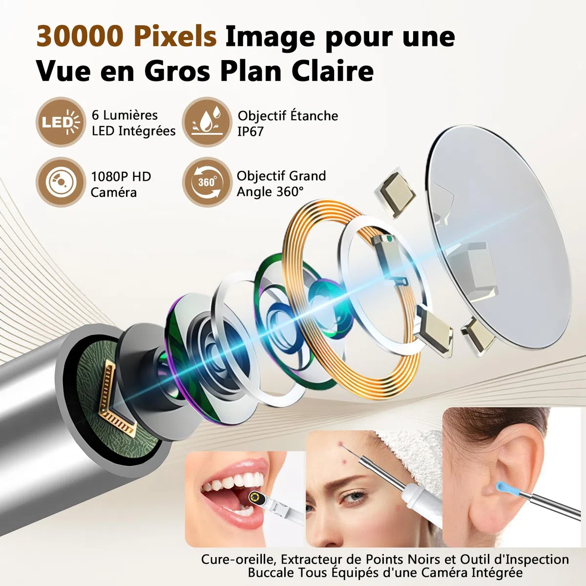 Otoscope Oreille avec Écran IPS HD 3.97, Caméra 1080P IP67 Étanche, Nettoyeur Oreille Set avec Carte TF et 6 LED