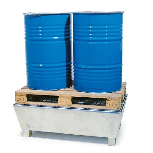Bac de rétention 2 fûts caillebotis électroforage galvanisé à chaud 1278x738x360 mm charge 700 kg