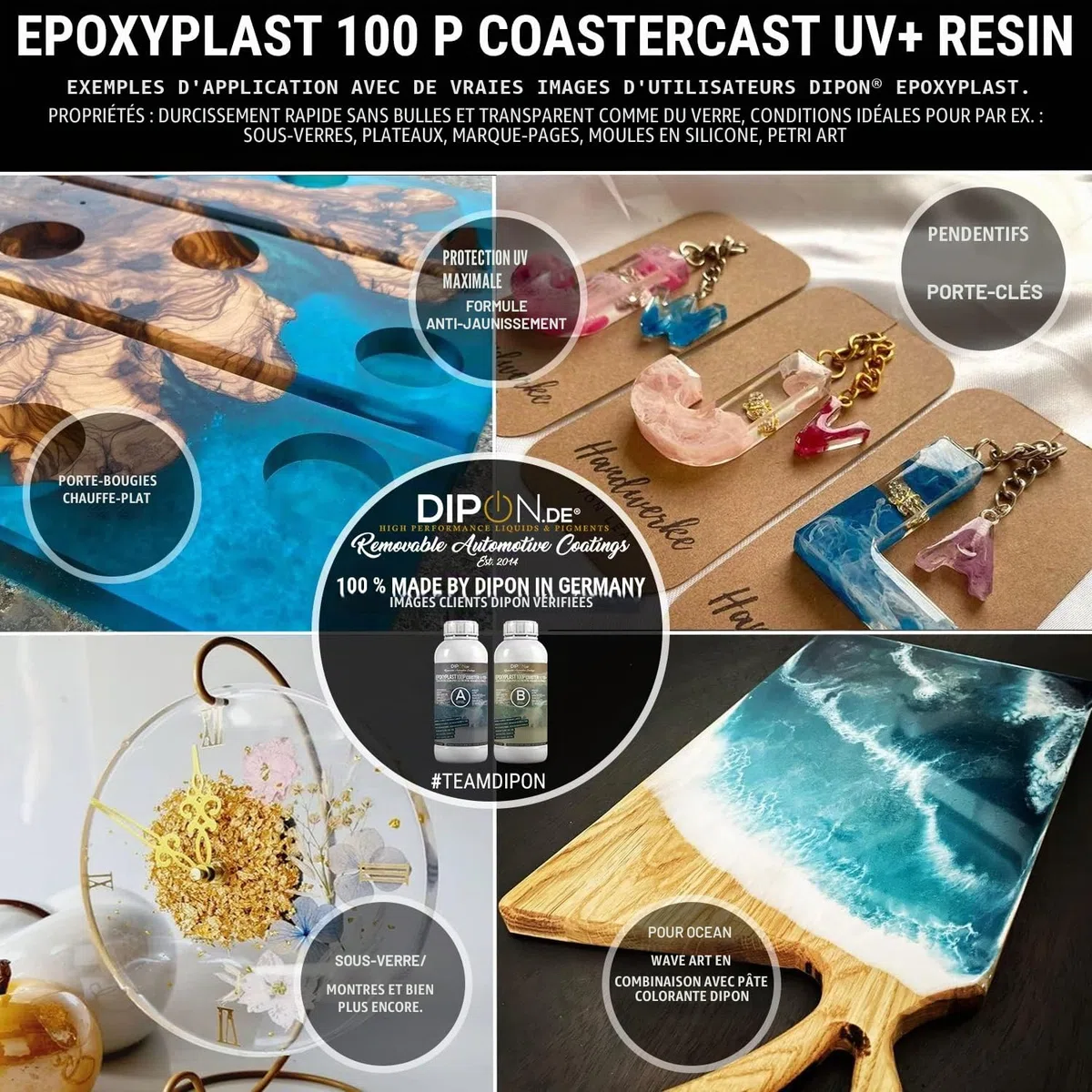 Résine époxy Plast 100P CoasterCast UV + 6,0 kg I Verre transparent & sans bulles I Protection UV maximale I Sans BPA non toxique I Convient pour les marque-pages en résine Art Pendentif Sous-verre