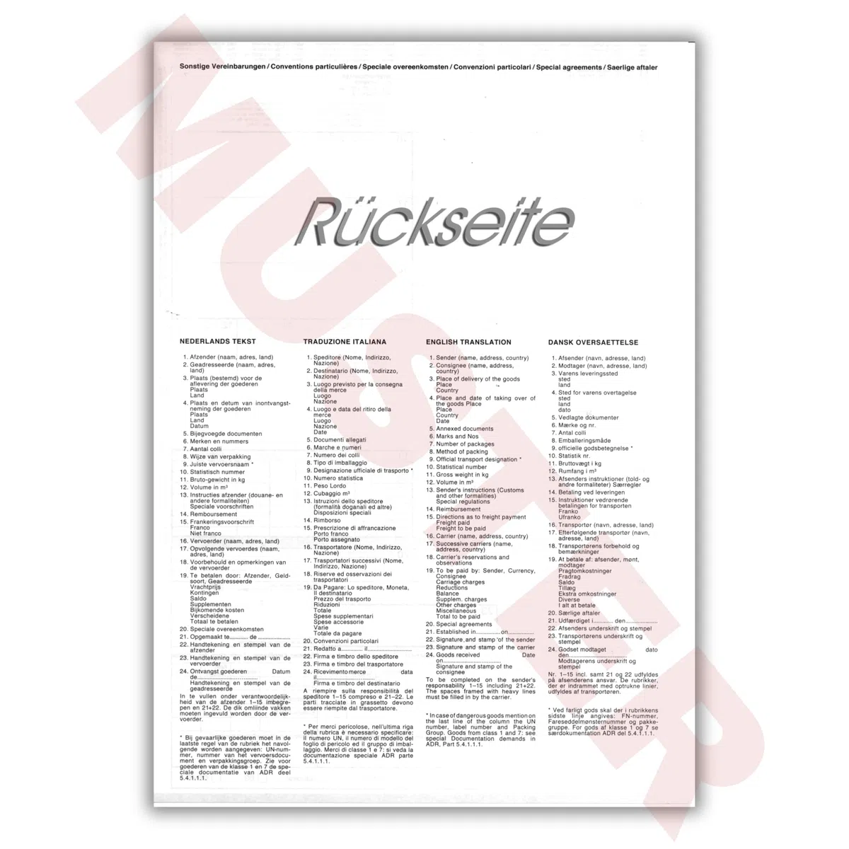 CMR Lot de 100 lettres de fret autocopiantes 4 compartiments Transport international ADR