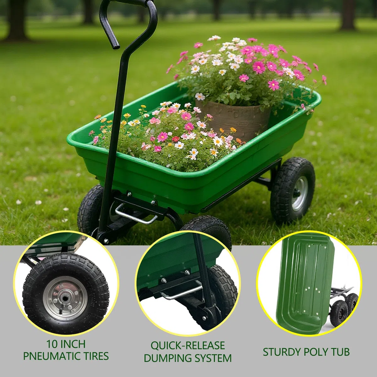 Brouette de Jardin 4 Roues, Chariot Utilitaire Fer et Plastique, 93x89,5x50,5 cm, Vert, Chariot de Transport Stable pour Jardin et Cour