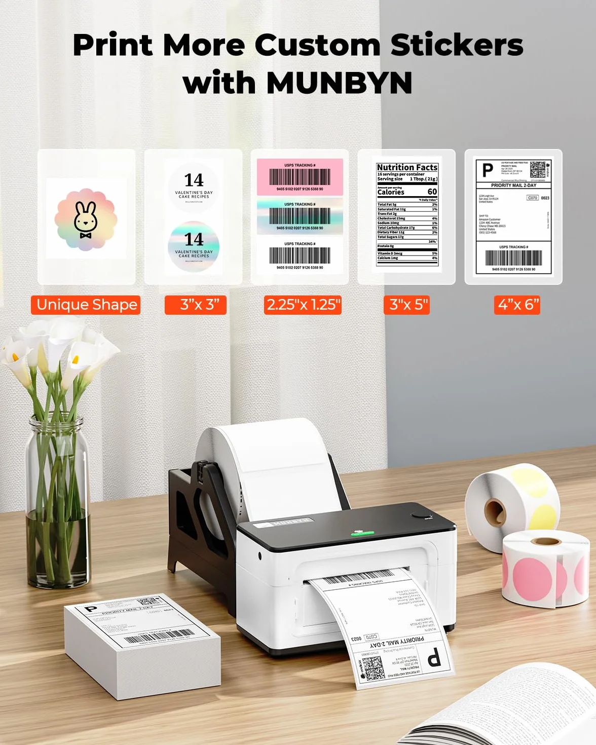 MUNBYN 300DPI Imprimante Thermique Bluetooth 4x6, Étiquette Expédition, Vitesse 150mm/s, USB/Bluetooth, Compatible Colissimo UPS Amz Ebay