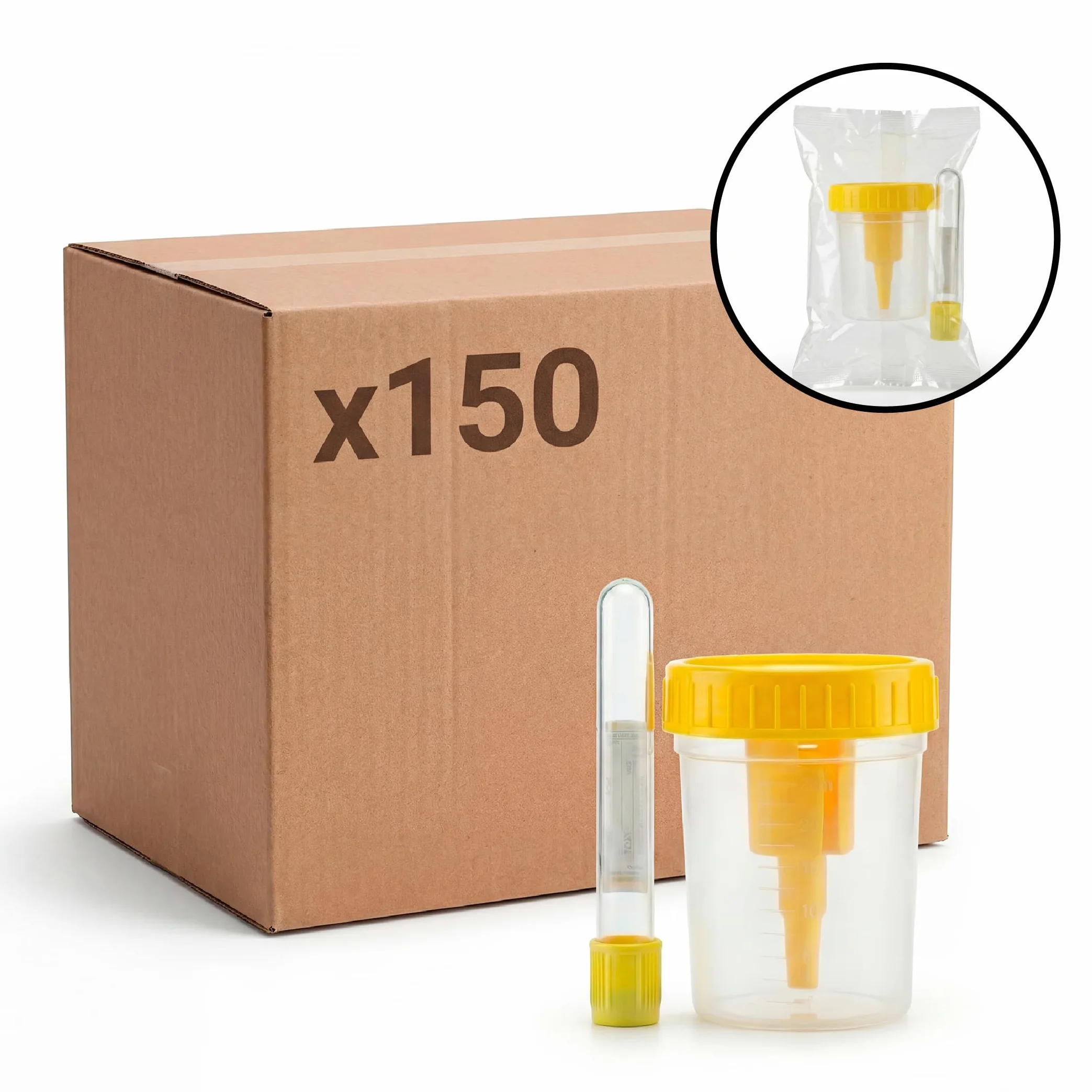 KMINA Kit de Prélèvement d'Urine sous Vide (150 unités), Flacon de 100 ml avec Graduation et Tube sous Vide de 9 ml, Système Clos et Hygiénique
