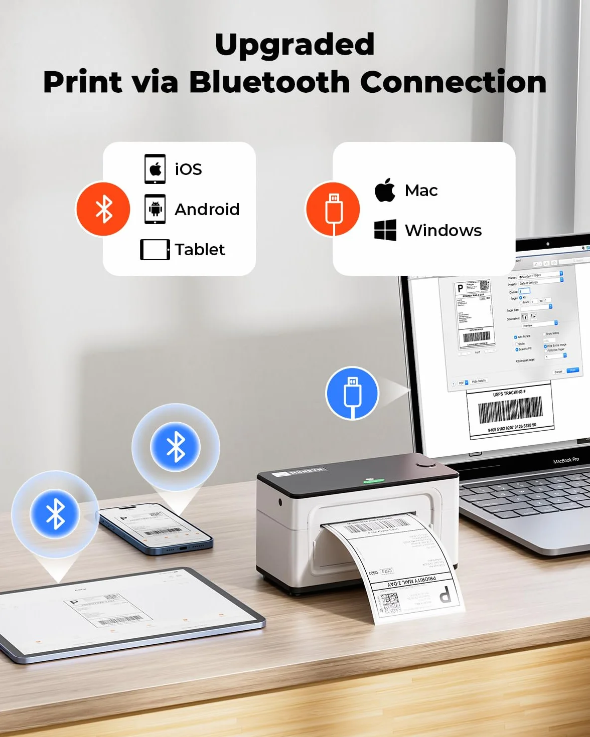 MUNBYN 300DPI Imprimante Thermique Bluetooth 4x6, Étiquette Expédition, Vitesse 150mm/s, USB/Bluetooth, Compatible Colissimo UPS Amz Ebay
