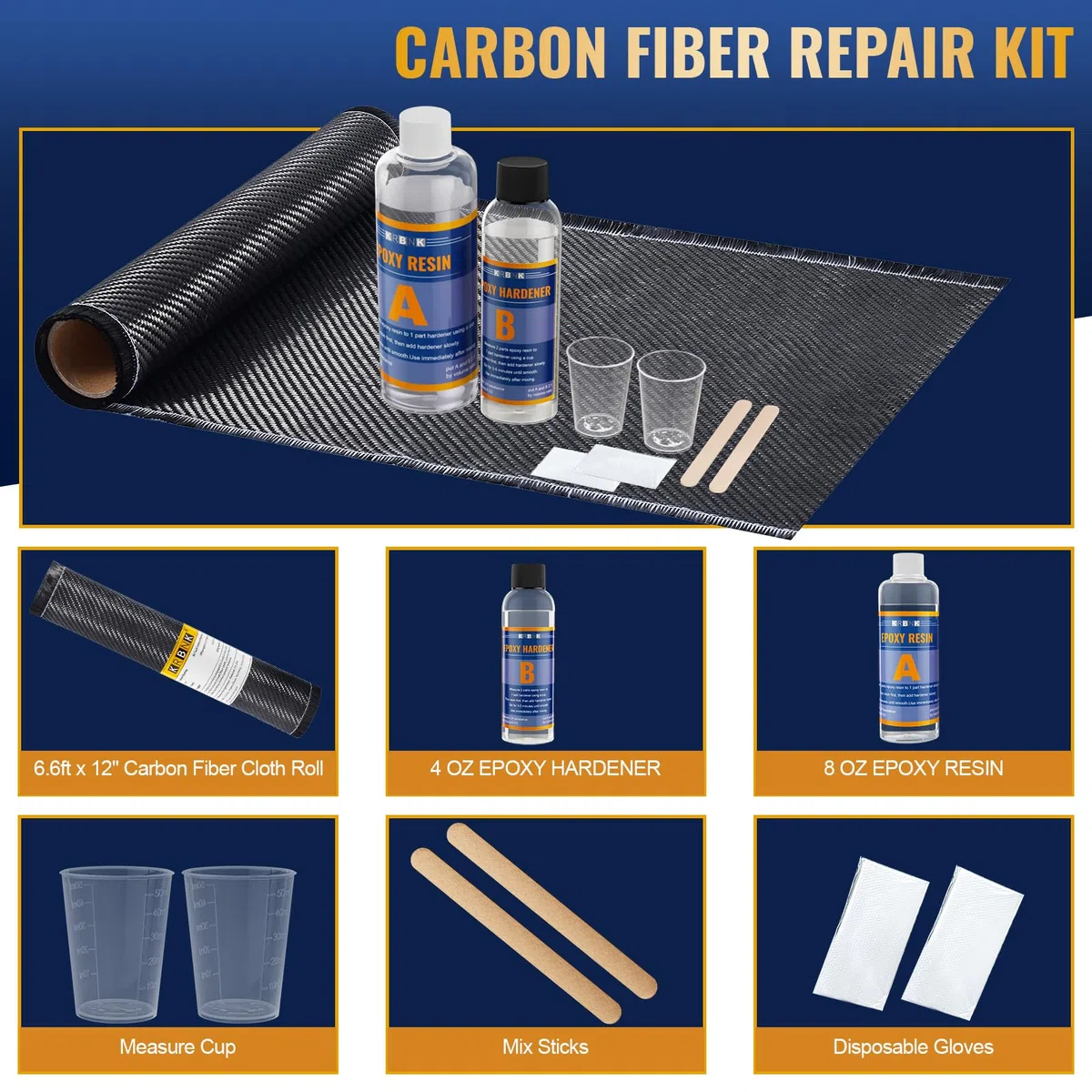 Kit complet de rouleau de tissu en fibre de carbone 3K - 200 cm x 30 cm - Plaque de fibre de carbone - 235 ml de résine époxy 118 ml de durcisseur - Plaque de fibre de carbone DIY - Tissu en fibre de