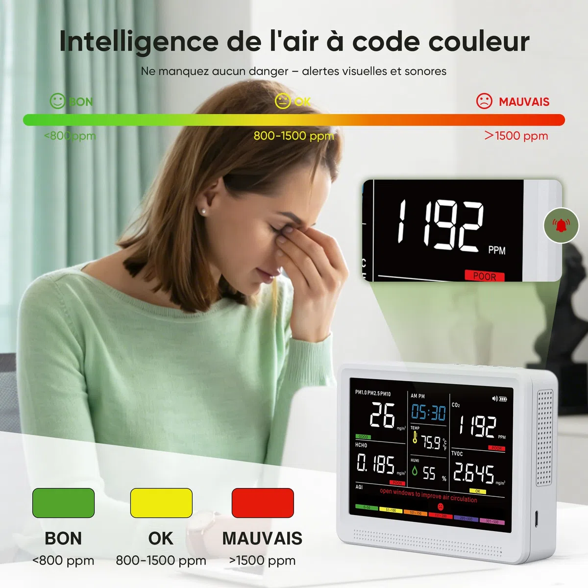 bonoch 16-en-1 Appareils Mesurant Qualité Air Intérieur avec Batterie 10h & Écran 5,5", 9 AQI + 7 Alertes, Détecteur de COV, CO2, PM2.5, PM1.0, PM10, HCHO, Température/Humidité & Heure-Blanc