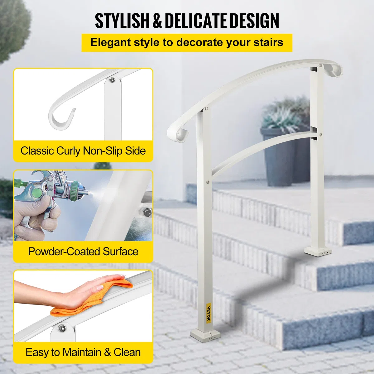 VEVOR Rampe d'Escalier pour 3 Marches Extérieures Main Courante Escalier en Fer Forgé Hauteur Maximale des Marches 52,5 cm Rampe Extérieur pour Porche, Marches en Béton, Brique, Jardin, Hôtel, Blanc