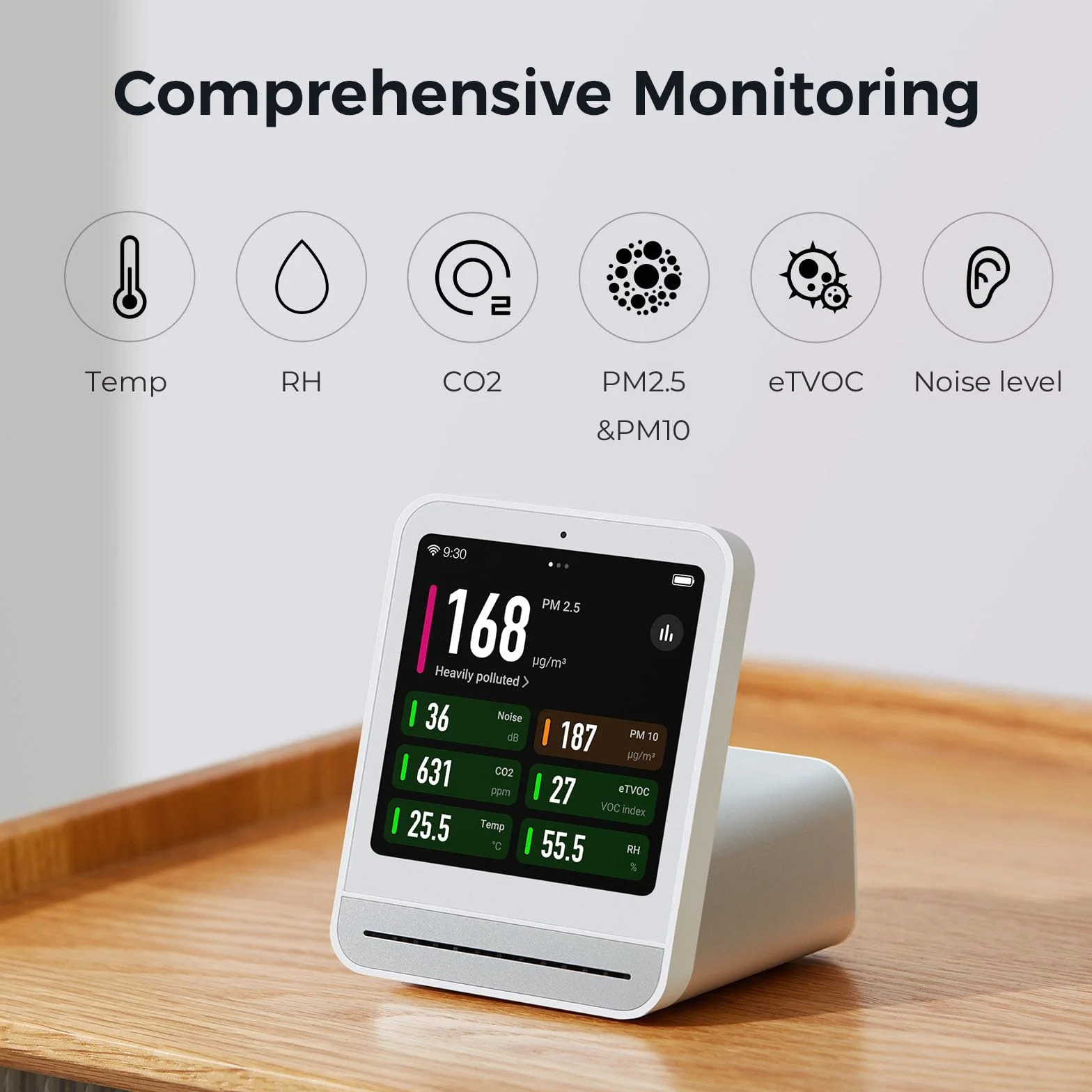 Qingping Moniteur de Qualité de l'Air 2, Détecteur de Qualité de l'Air Intérieur, PM2.5, CO2, PM10, Bruit, Température, Humidité, Nouvelle Fonction Réveil, Testeur de Qualité de l'Air Intelligente