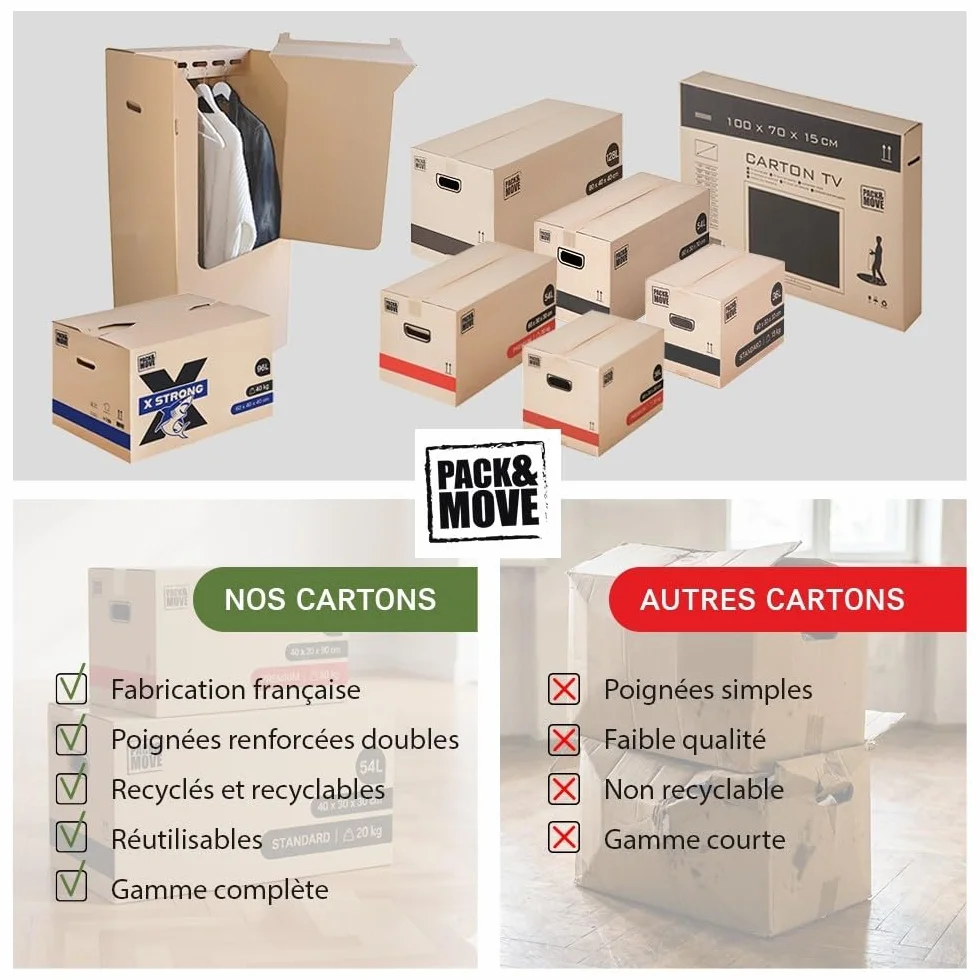 Pack and Move - Lot 50 Cartons Déménagement Premium - 60 X 30 X 30 - Extrême Résistance 30KG - Réutilisable - Poignées Renforcées - 3 Adhésifs Offerts