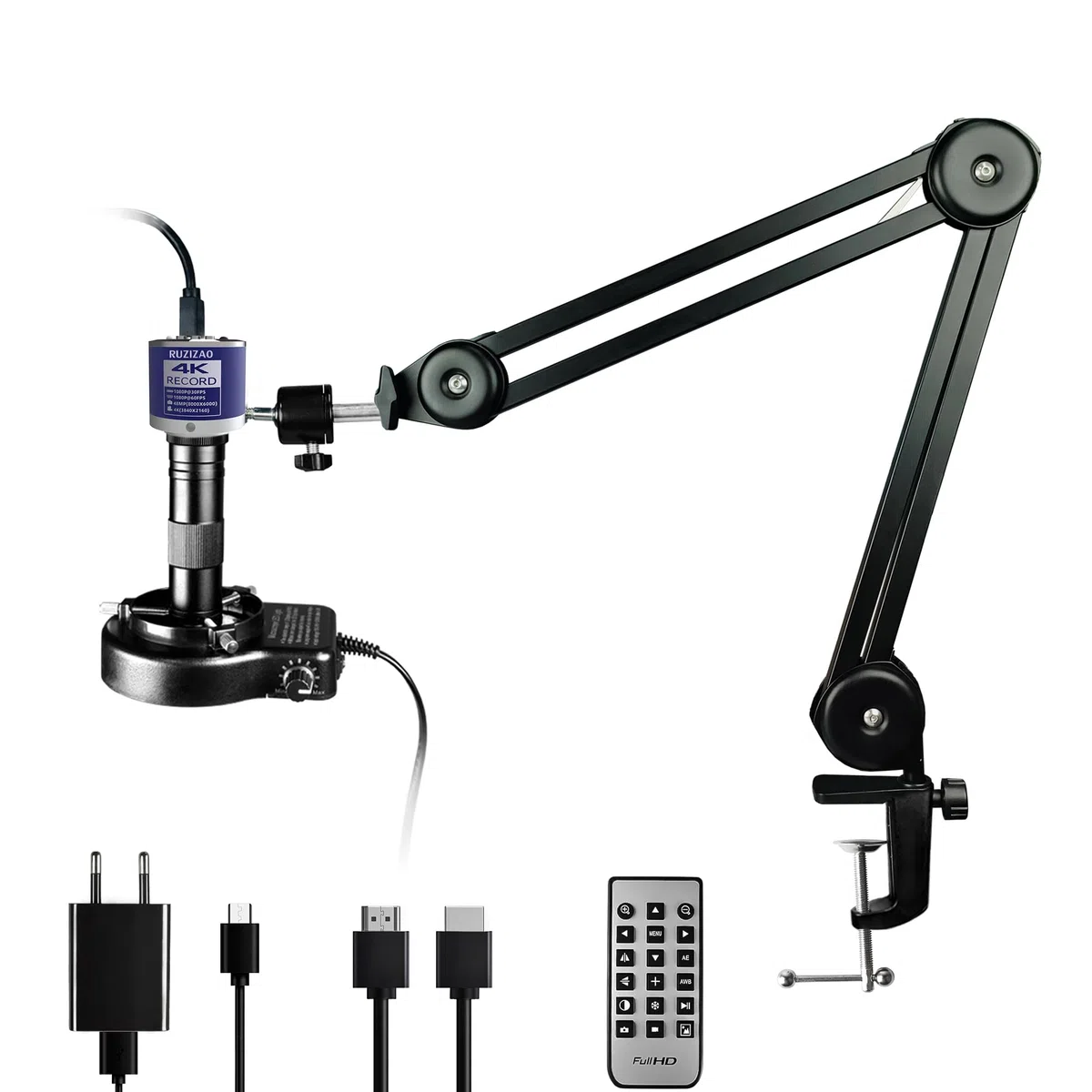 Microscope Numérique 4K 48MP HDMI VGA Industriel Objectif Monture C Zoom 150X Support Pliable Éclairage Annulaire LED