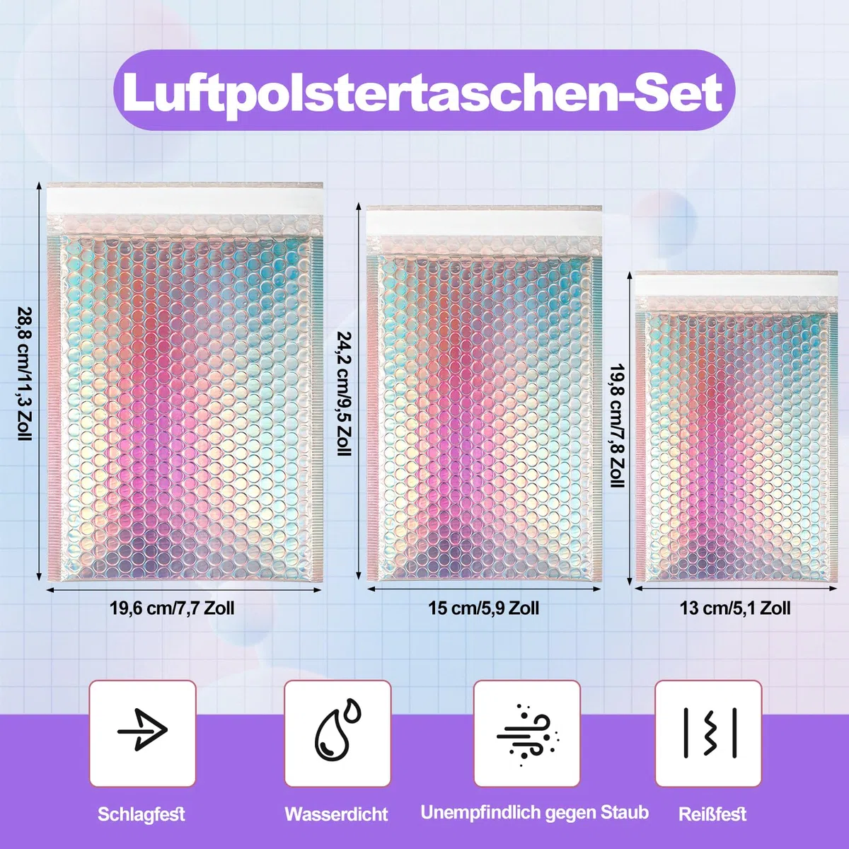 Lot de 50 enveloppes à bulles holographiques avec cartes de remerciement - Poly Bubble Mailer autocollant