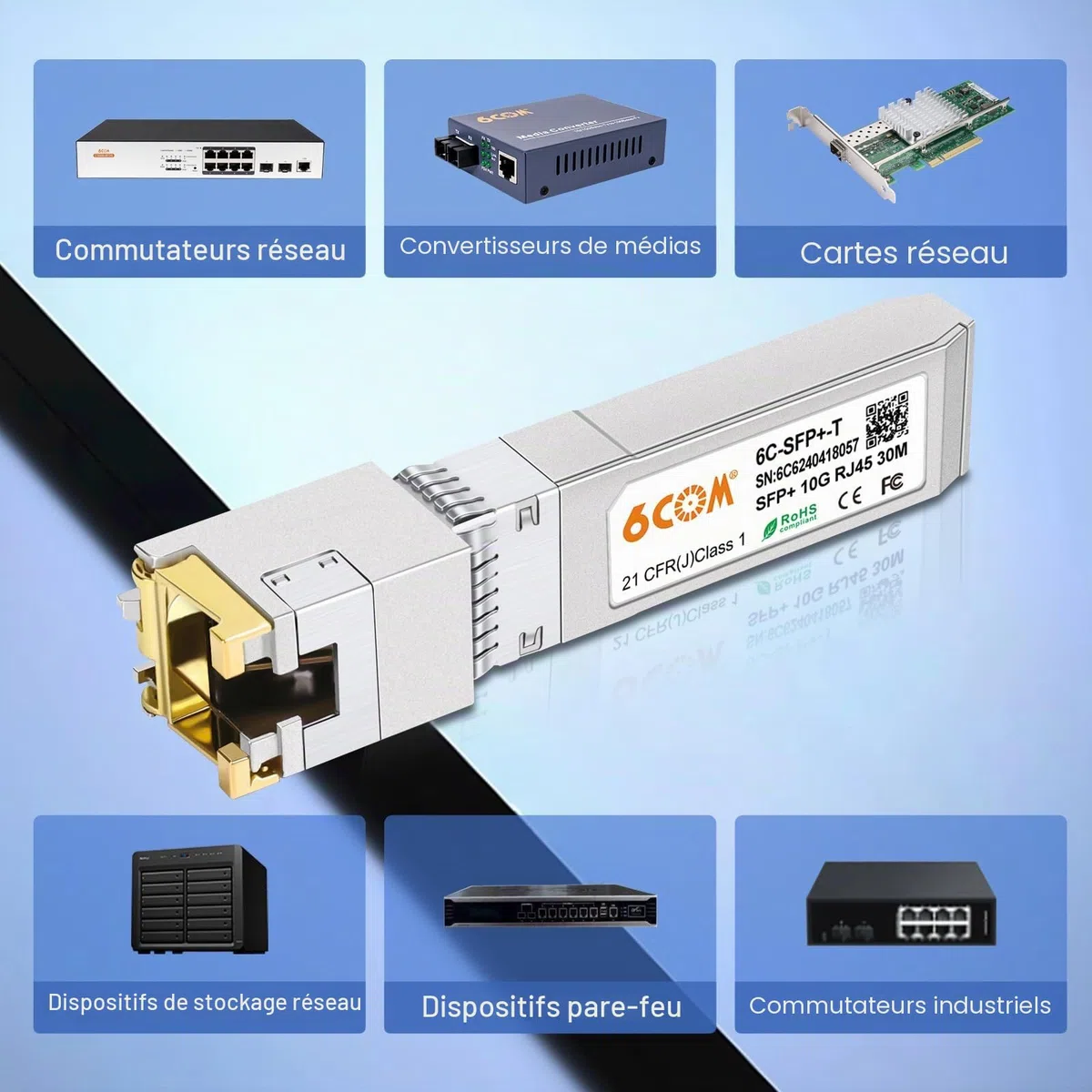1,25/2,5/5/10GBase-T SFP+ 10gb RJ45 Module, Adaptateur sfp+ vers rj45 10gb, Cat.6a/7, jusqu'à 30 m, pour Cisco SFP-10G-T-S, Ubiquiti uacc-cm-rj45-mg, D-Link, MikroTik S+RJ10 and Other Open Switches