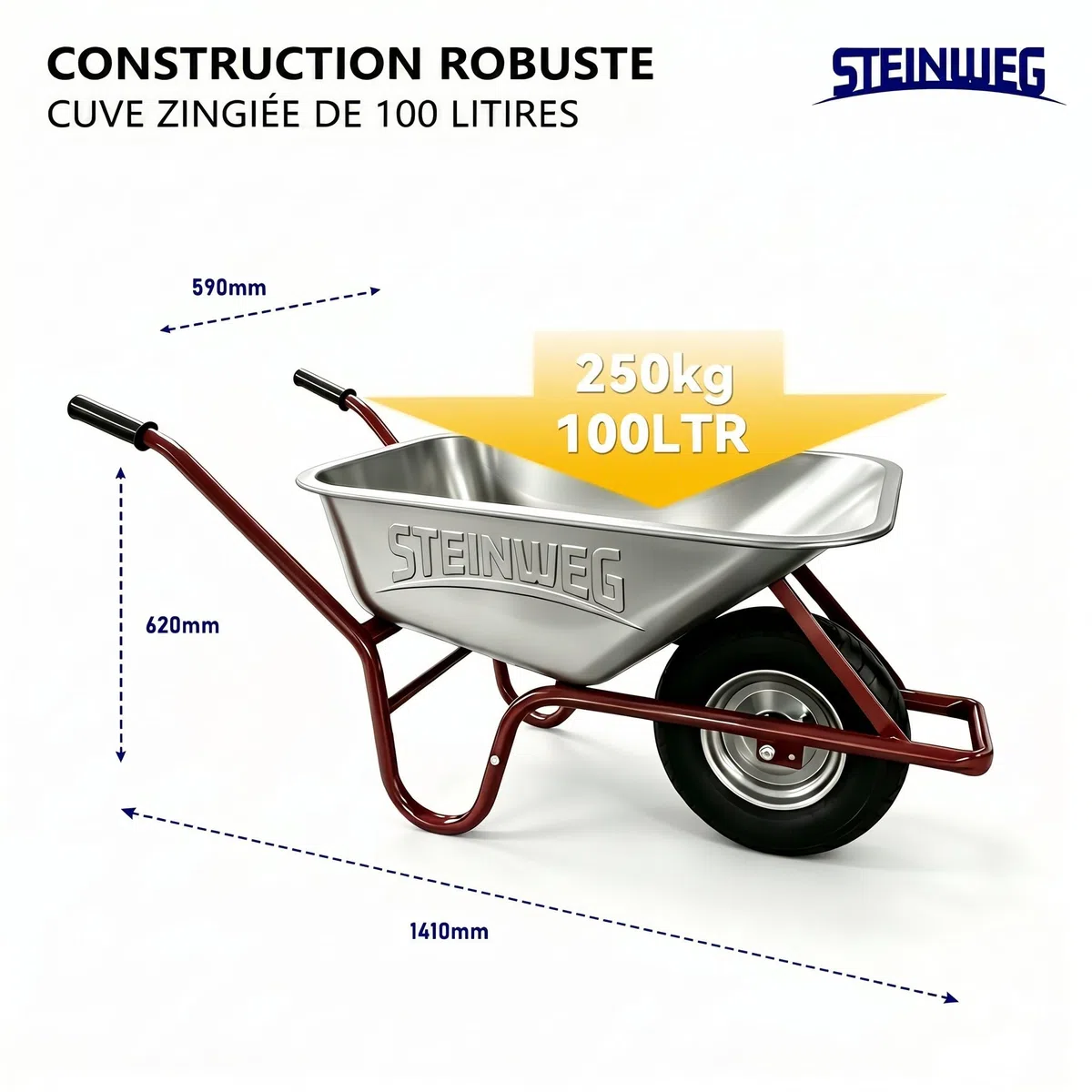 STEINWEG - Brouette de chantier - 100 l - 250 kg - Pneus pneumatiques avec bac galvanisé - Construction robuste pour le jardin et les besoins de construction - Pneus pneumatiques avec jantes en acier