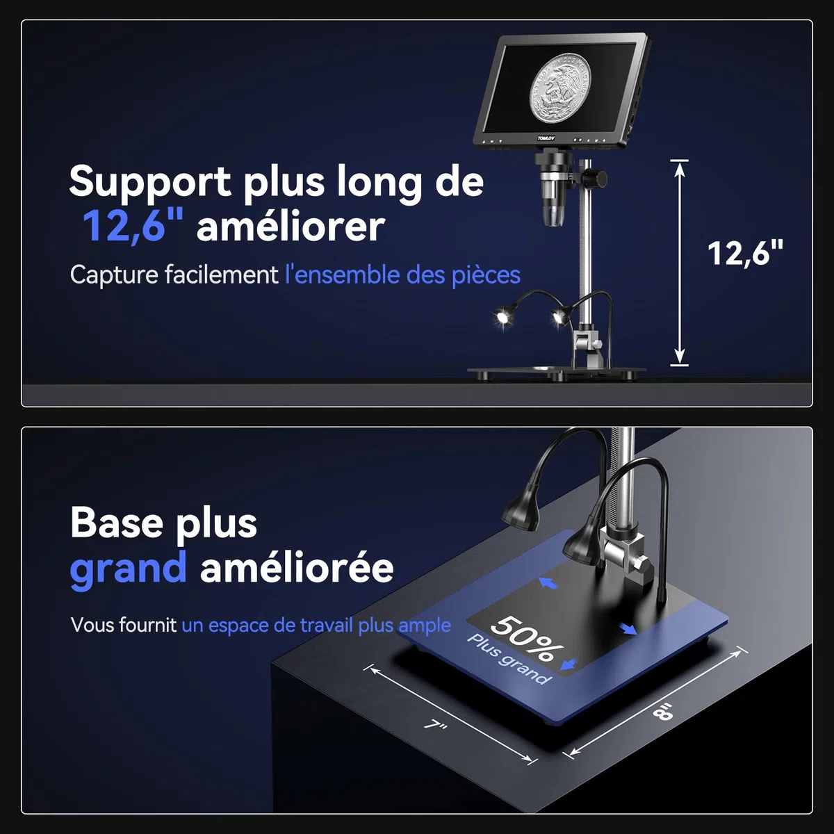 TOMLOV DM9 Max Microscope numérique 10,1 Pouces 20MP Caméra de grossissement de Monnaie écran IPS HD LED réglable Compatible PC/TV