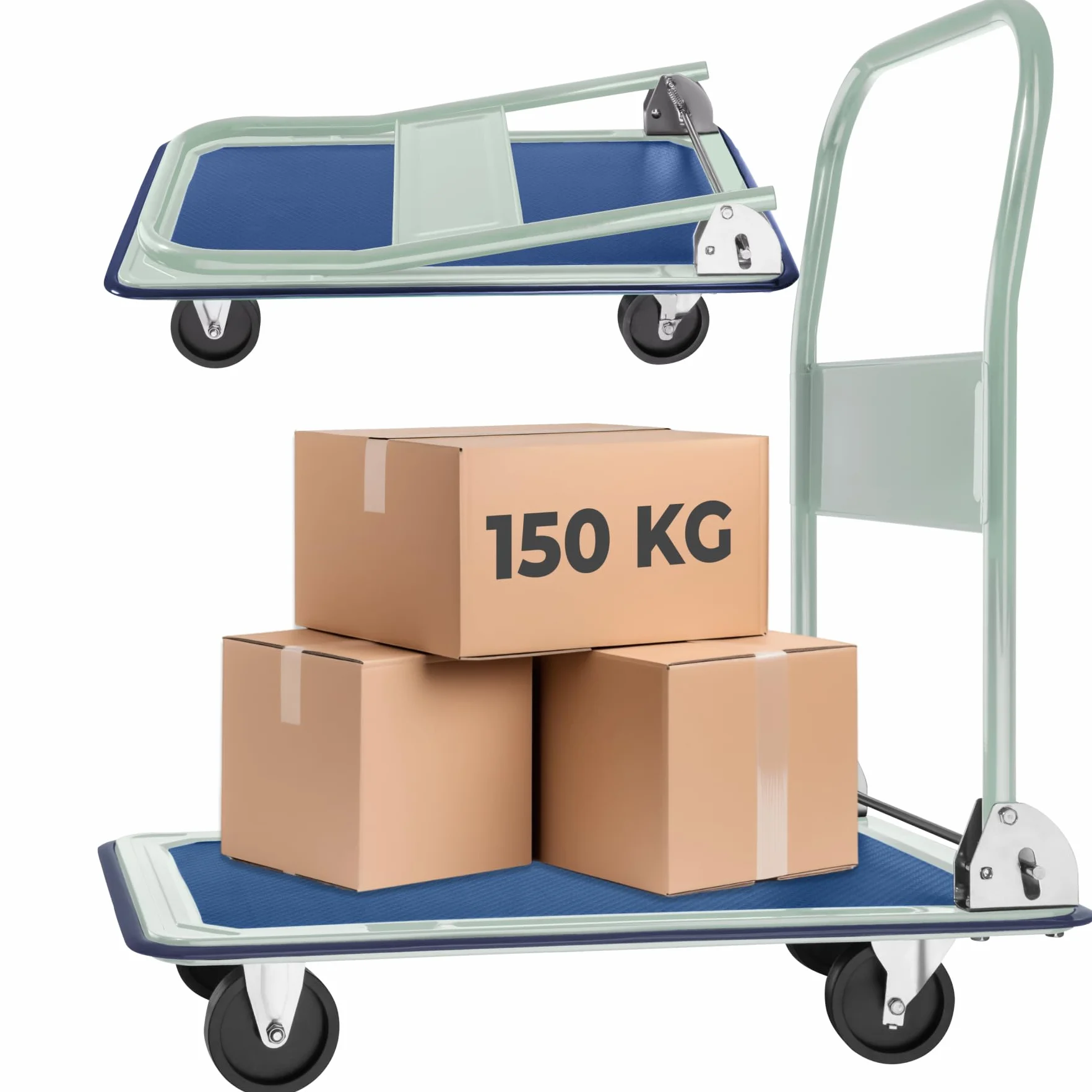 tectake® Chariot de transport plateforme à roulettes, Charge max. 150 kg, Chariot pliable Atelier Garage Magasin Demenagement, 2 Roues pivotantes et 2 fixes, Poignée Pliable par commande au pied, Vert
