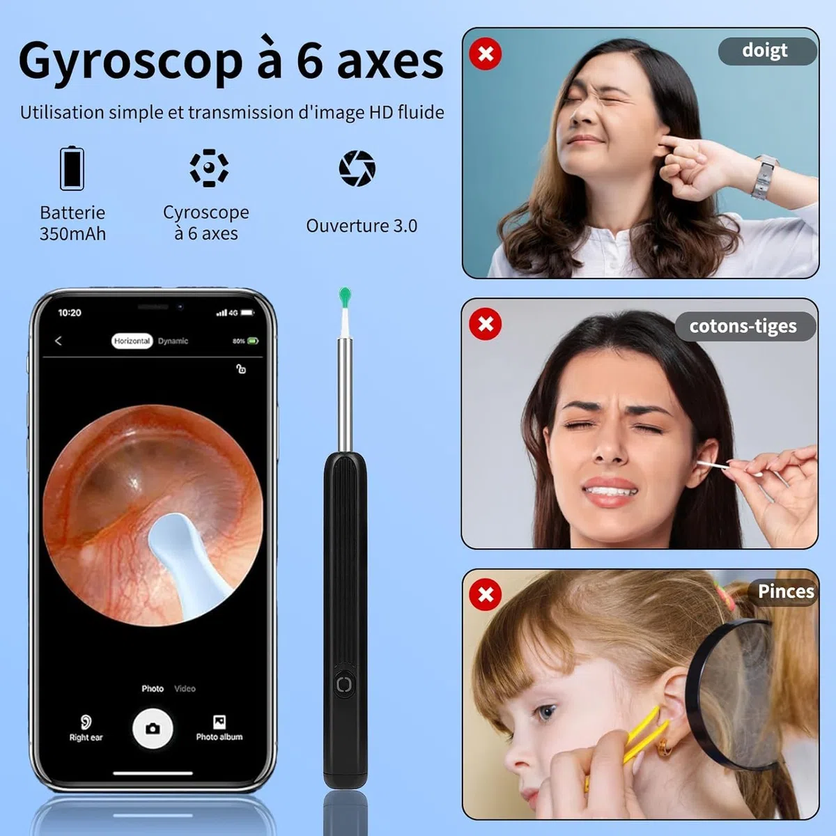 Earo Oreille Otoscope 1080p Hd Kit Camera Oreille, Earo Vision-Caméra Oreille Nettoyage Ip67 Étanche, Endoscope Wifi Nettoyant Oreille Kit Avec 6 Lumières Led, Adapté Aux Smartphones Et Tablettes Ios
