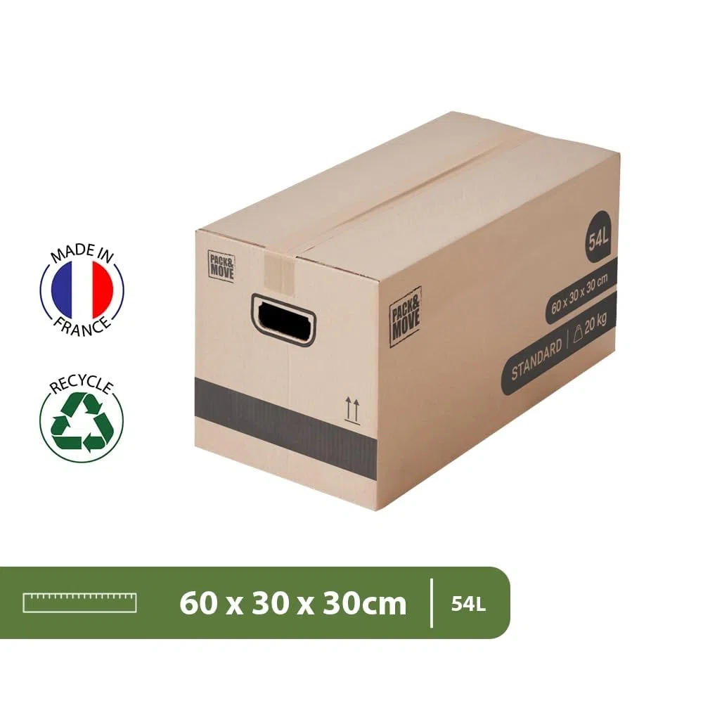 Pack and Move - Lot 60 cartons déménagement stockage standard - 60 x 30 x 30 cm - Poignées renforcées - 3 adhésifs offerts