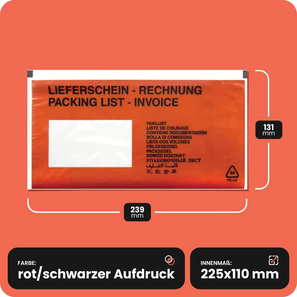 Netuno 2000 pochettes porte-documents autocollantes DL 239 x 131 mm rouges enveloppes d’expédition pour bon de livraison