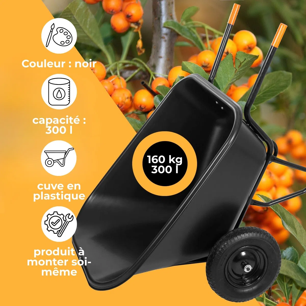SPRINGOS - Brouette de jardin 300 litres à deux roues, capacité 160 kg, roues pneumatiques, bac en plastique, montage facile, pour travaux de jardinage et de construction