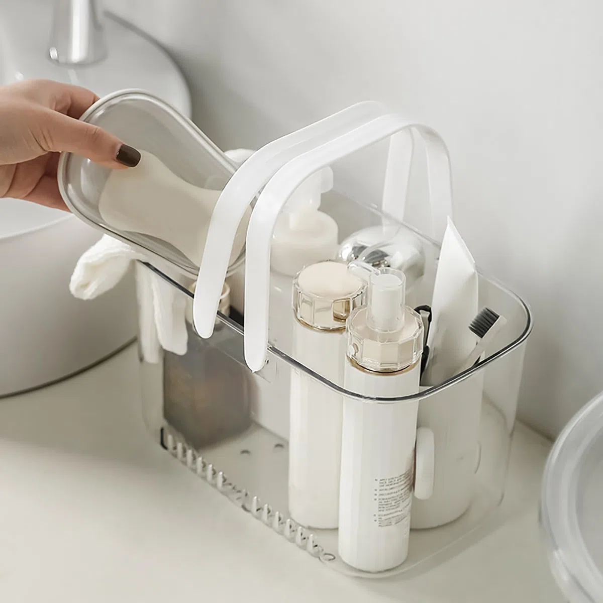 Panier de caddie de douche, panier en plastique transparent avec manche Organisateur de stockage de stockage de douche