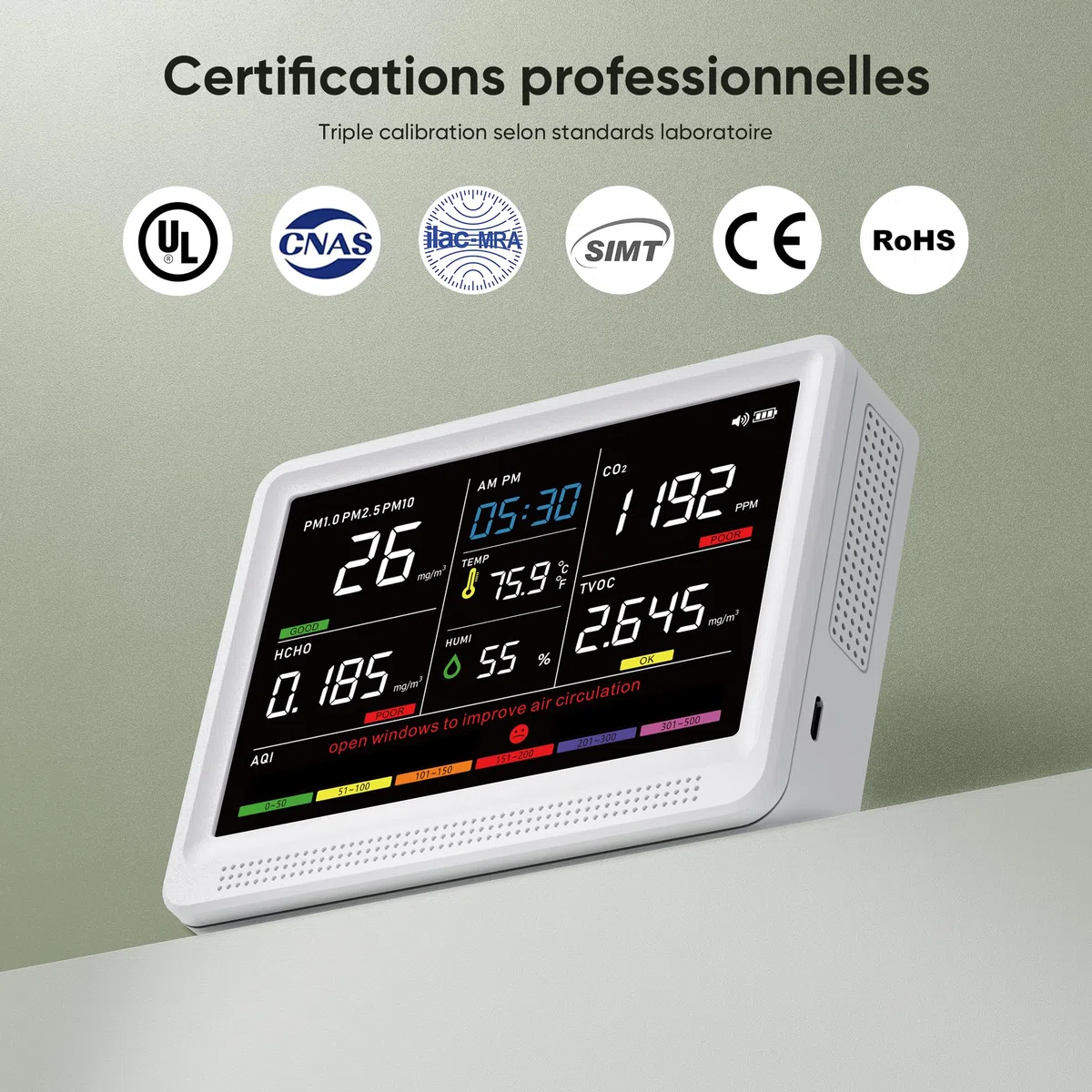 bonoch 16-en-1 Appareils Mesurant Qualité Air Intérieur avec Batterie 10h & Écran 5,5", 9 AQI + 7 Alertes, Détecteur de COV, CO2, PM2.5, PM1.0, PM10, HCHO, Température/Humidité & Heure-Blanc