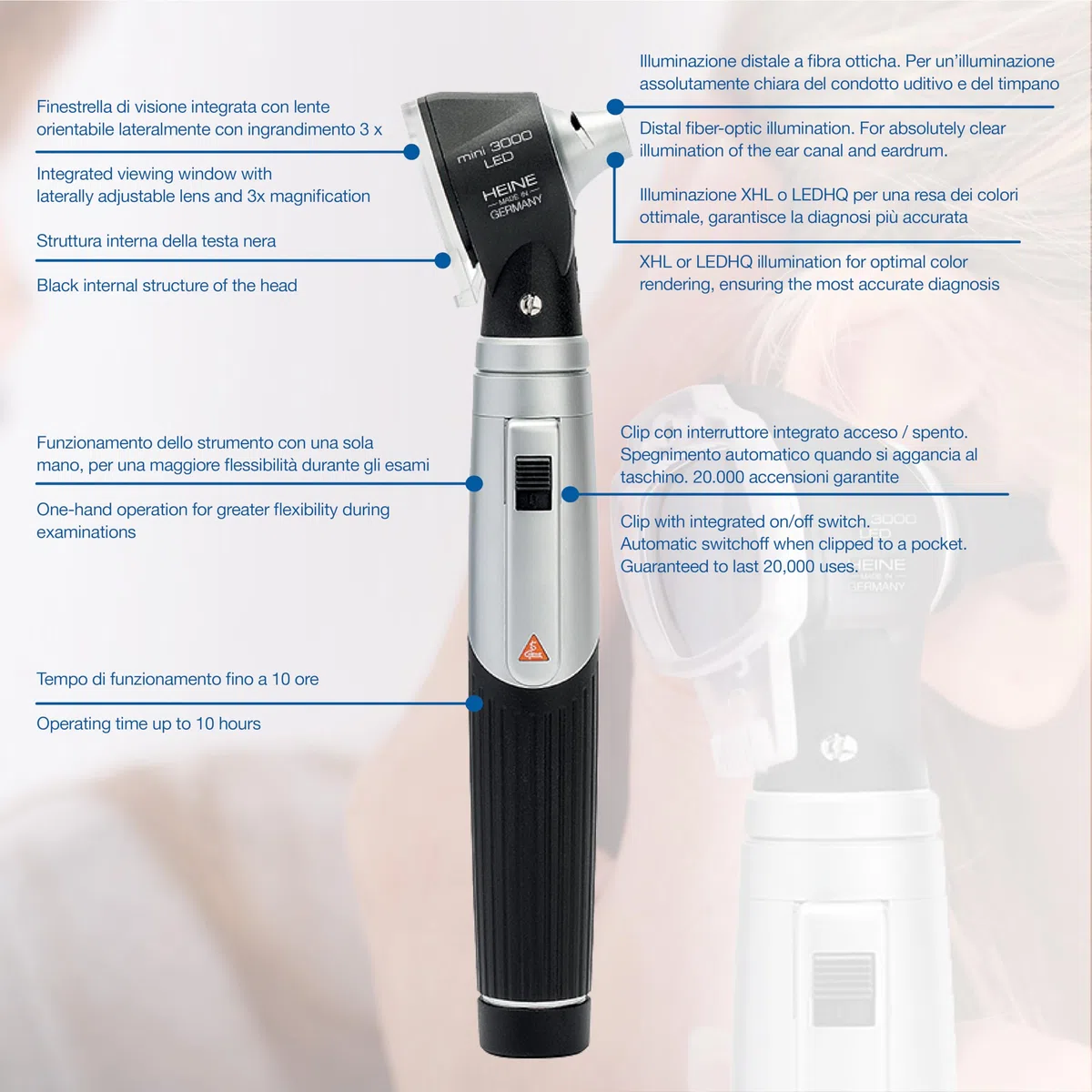 HEINE - Mini otoscope 3000 LED 2,5 V DIRECT, noir – Compact et précis pour examens auriculaires