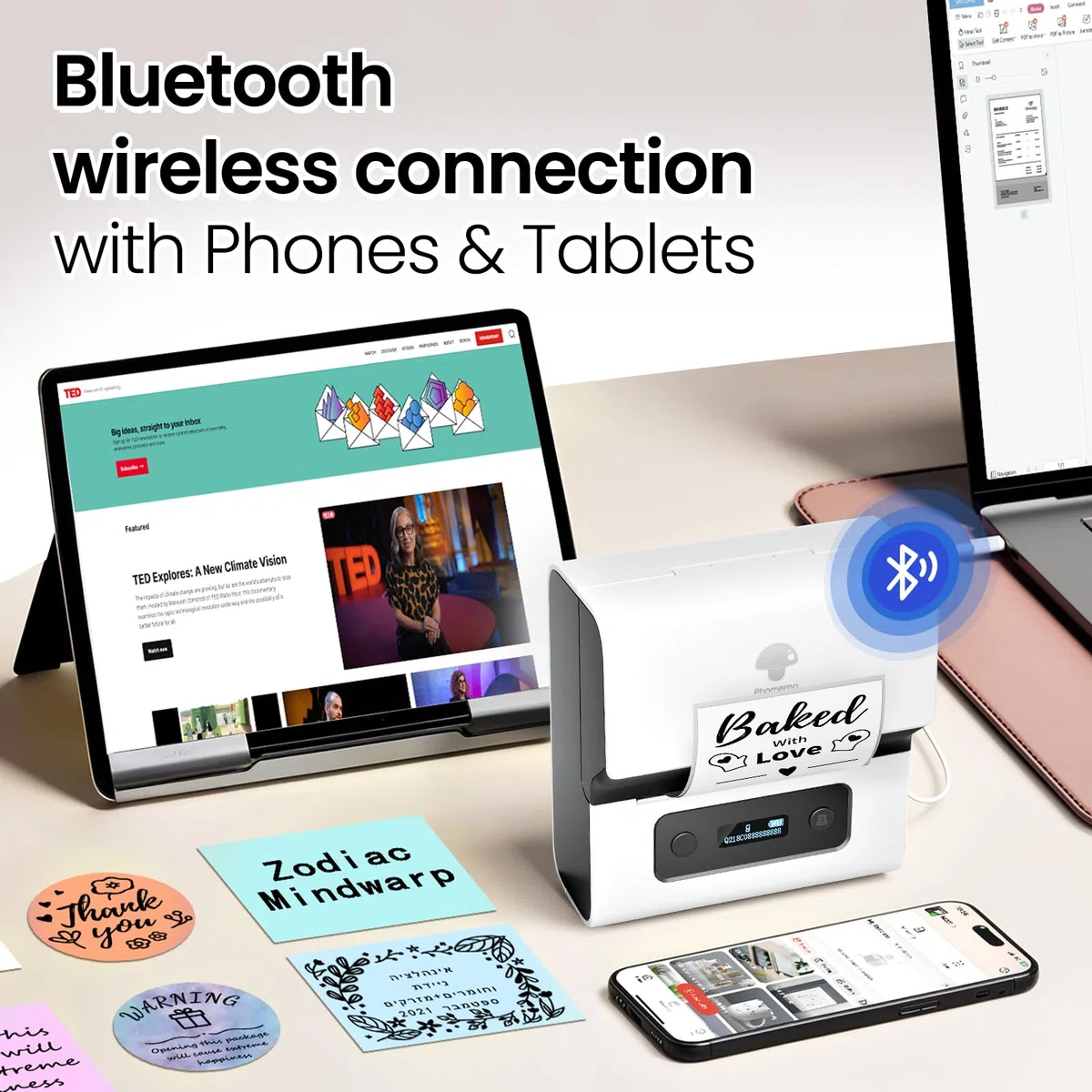 Phomemo M221 Imprimante d'étiquettes Thermique Bluetooth Portable Blanc avec 3 Rouleaux d'étiquettes et Sac