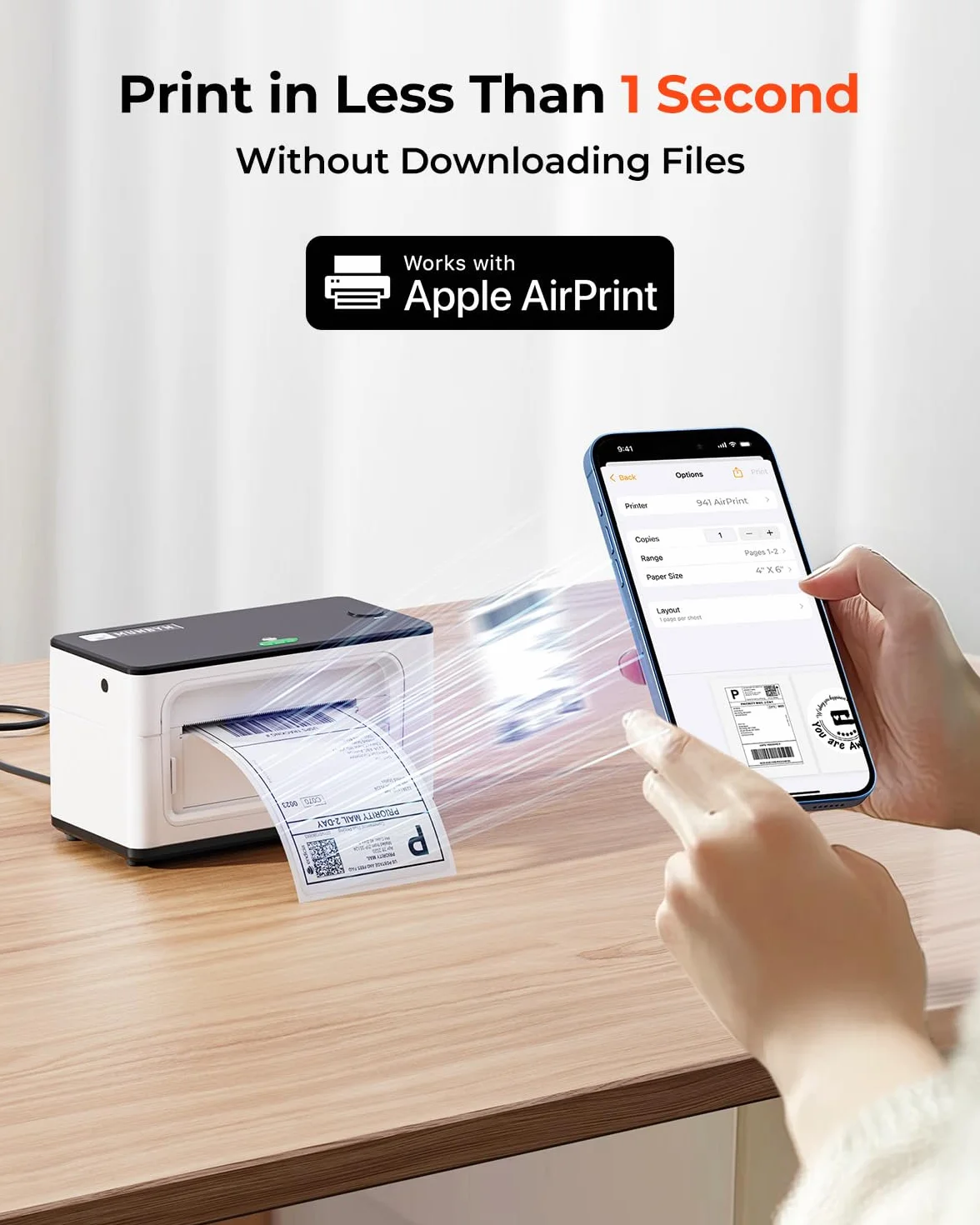 MUNBYN Imprimante Thermique AirPrint 4x6 sans Fil, Compatible Etsy Shopify Royal Mail, Blanc