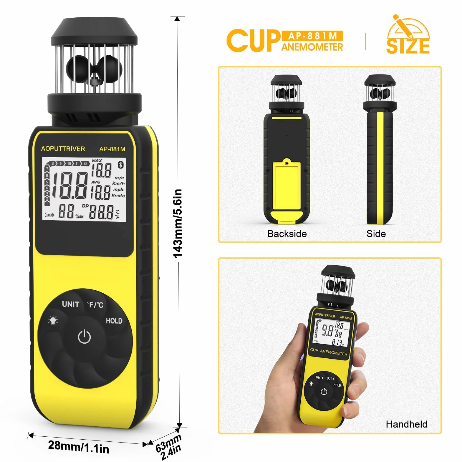 Anémomètre Numérique AP-881M Wind Cup, Anémomètre de Poche 360° Toutes Directions, Mesure Vitesse Vent Température LCD