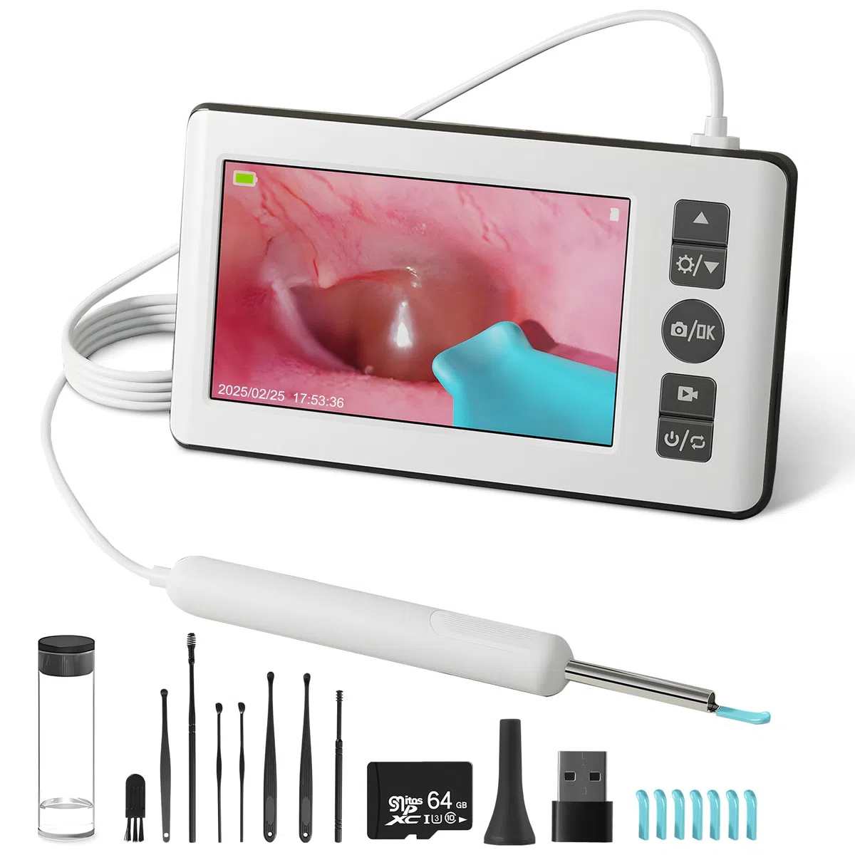 Otoscope Oreille 4,3'' 1080P HD Professionnel Camera avec 6 LED Endoscope 3,5mm Nettoyage 64G Carte