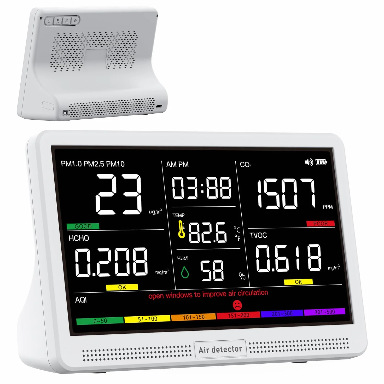 bonoch 16 en 1 Appareil de Mesure de la Qualité de l'Air Écran 7" – 9 Paramètres AQI + 7 Alertes – Détecteur de COV, CO2, PM2.5 PM1.0 PM10, HCHO (Air Quality Monitor) Température, Humidité, AQI, Heure