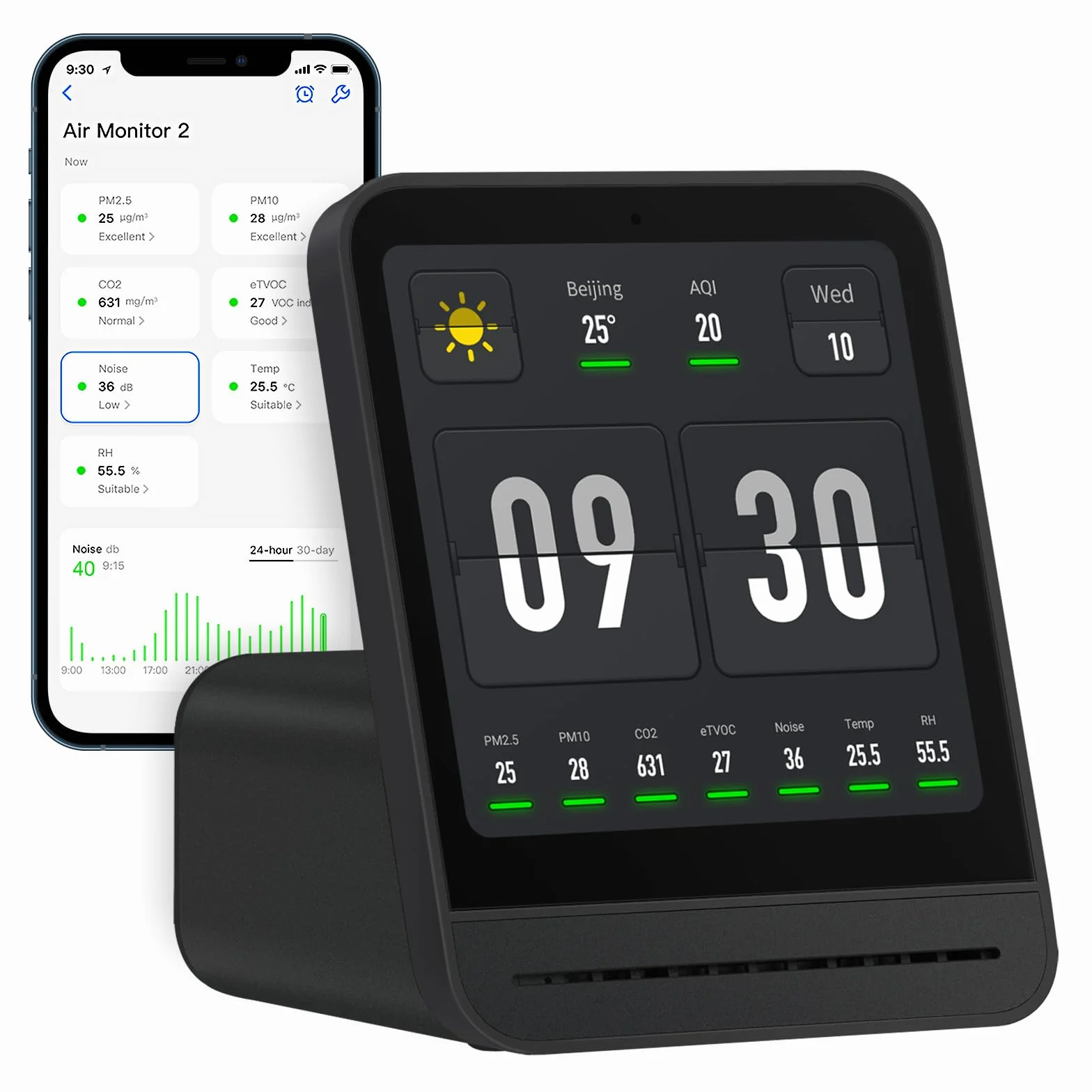 Qingping Moniteur de Qualité de l'Air 2, Détecteur de Qualité de l'Air Intérieur, PM2.5, CO2, PM10, Bruit, Température, Humidité, Nouvelle Fonction Réveil, Testeur de Qualité de l'Air Intelligente