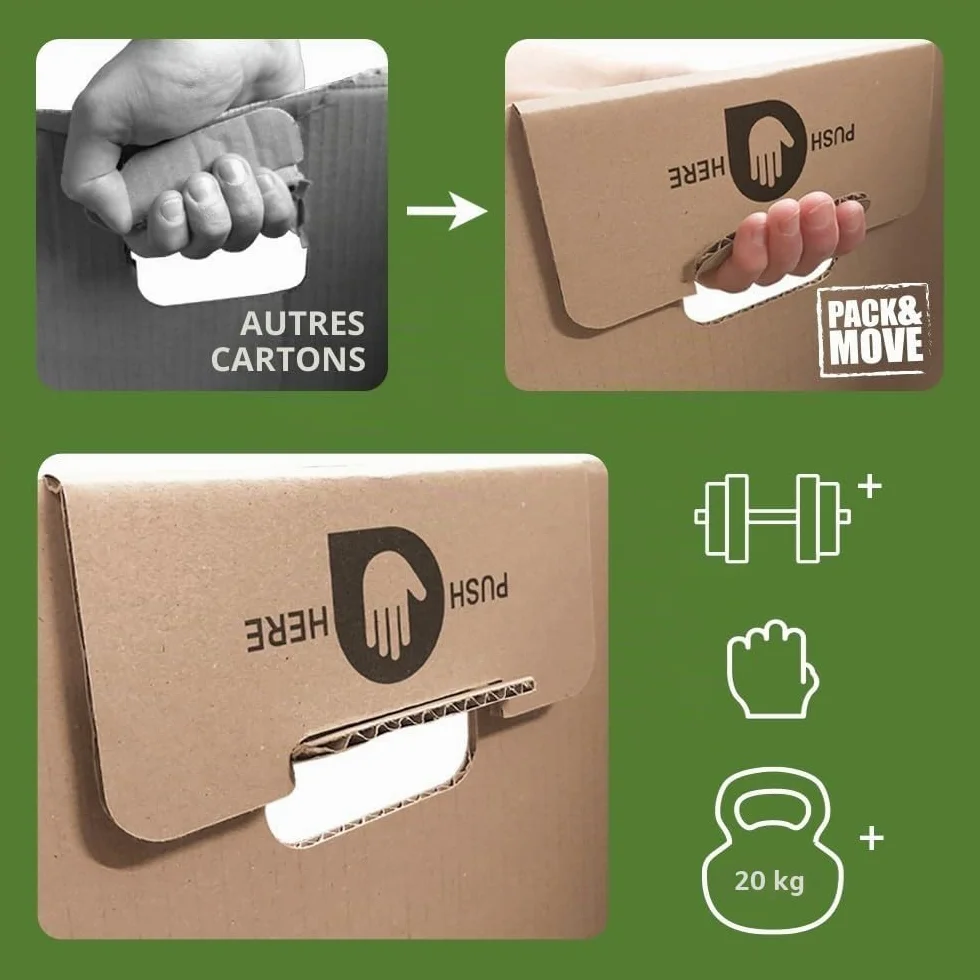 Pack and Move - Lot 60 cartons déménagement stockage standard - 60 x 30 x 30 cm - Poignées renforcées - 3 adhésifs offerts