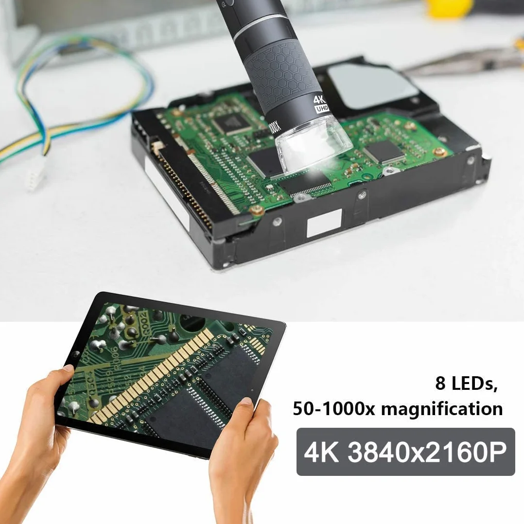 Jiusion Microscope Numérique Portatif WiFi USB, Grossissement 50-1000X Caméra 4K 3840x2160P 8 LED Support Métal