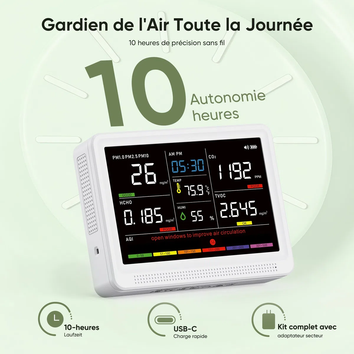 bonoch 16-en-1 Appareils Mesurant Qualité Air Intérieur avec Batterie 10h & Écran 5,5", 9 AQI + 7 Alertes, Détecteur de COV, CO2, PM2.5, PM1.0, PM10, HCHO, Température/Humidité & Heure-Blanc