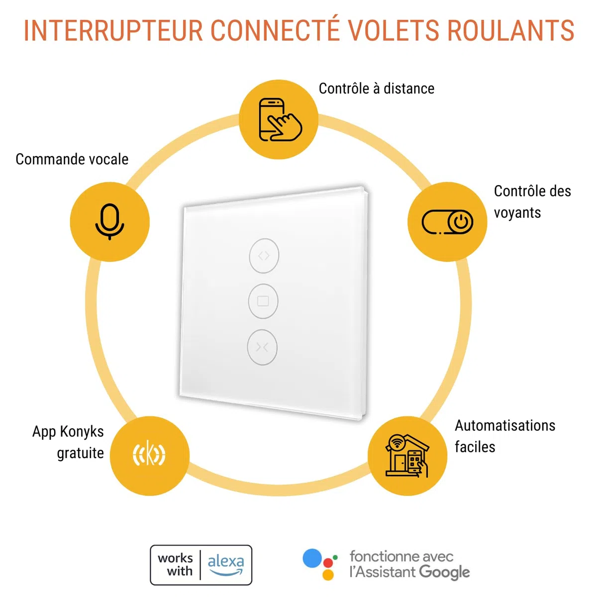 Konyks Vollo Max 3 - Lot de 2 interrupteurs connectés pour volets roulants - Installation facile, contrôle vocal avec Alexa, Google Home et Siri et à distance, programmation horaire,