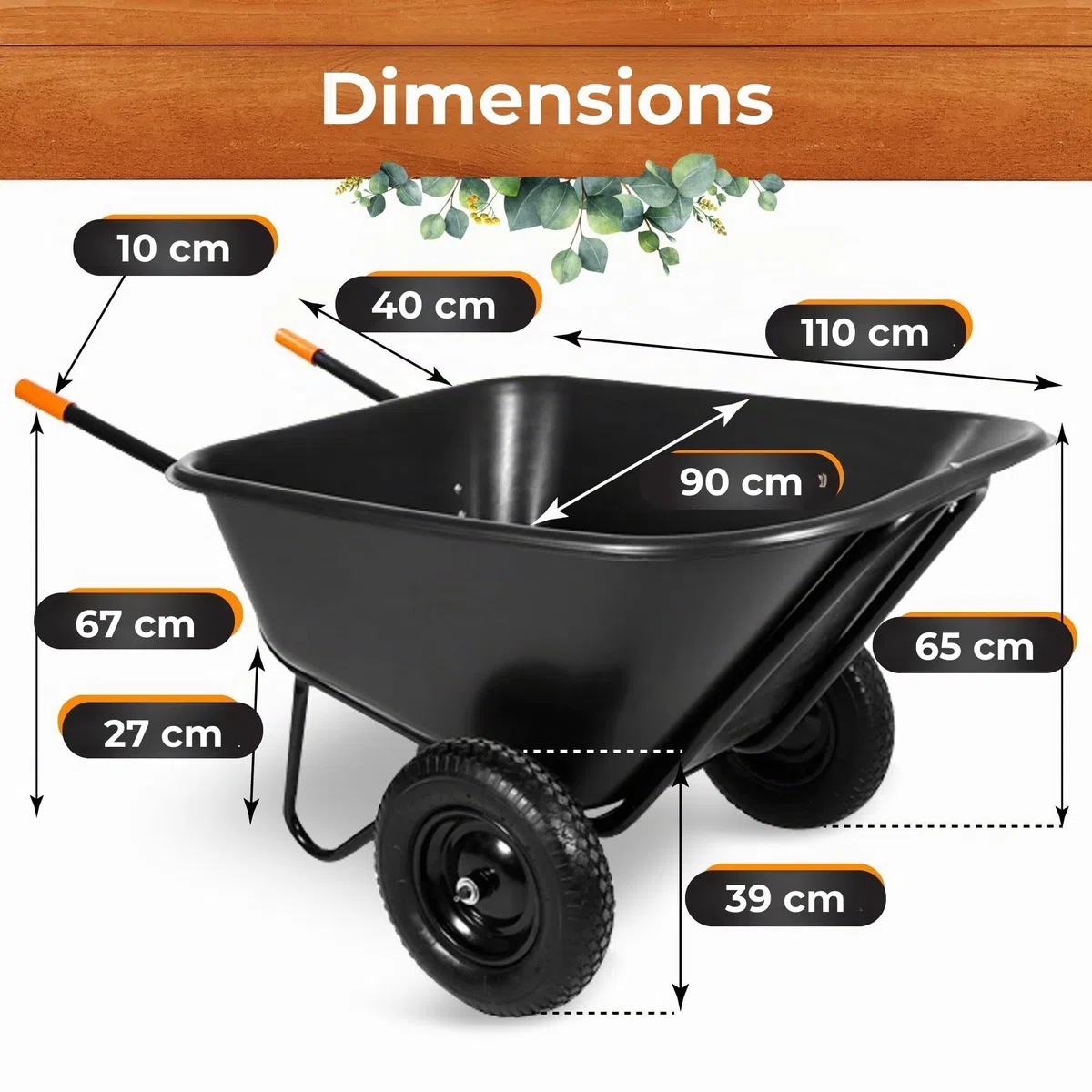 SPRINGOS - Brouette de jardin 300 litres à deux roues, capacité 160 kg, roues pneumatiques, bac en plastique, montage facile, pour travaux de jardinage et de construction