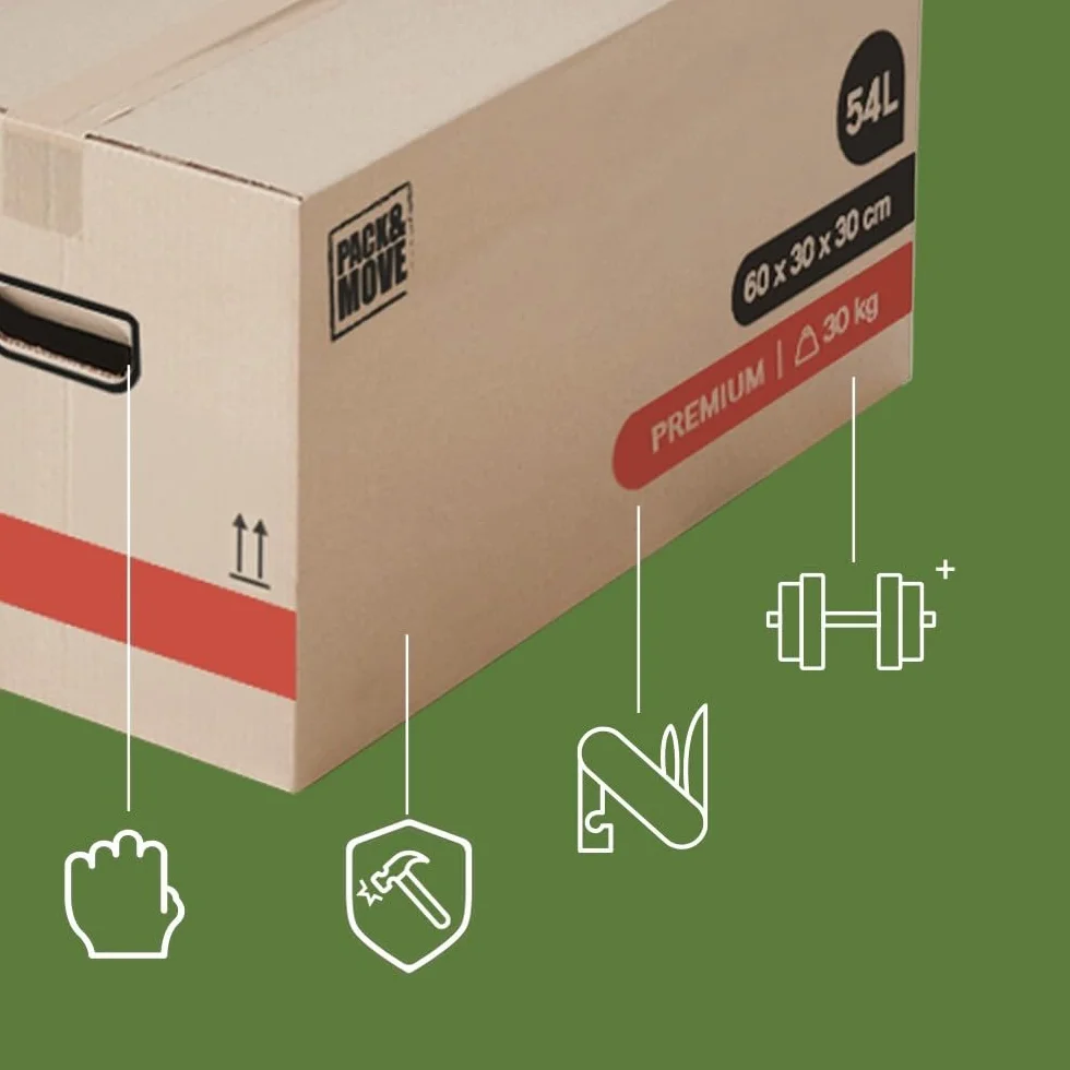 Pack and Move - Lot 50 Cartons Déménagement Premium - 60 X 30 X 30 - Extrême Résistance 30KG - Réutilisable - Poignées Renforcées - 3 Adhésifs Offerts