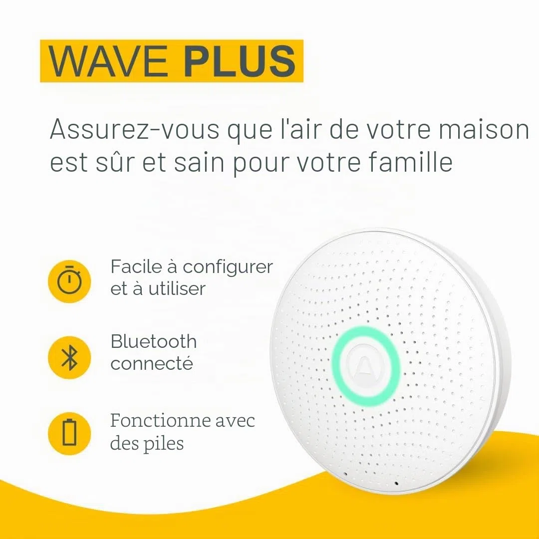 Airthings 2930 Wave Plus - Détecteur de Radon et de la Qualité de l’Air avec Détecteur de CO2, COV, Pression Atmosphérique, Humidité et Température