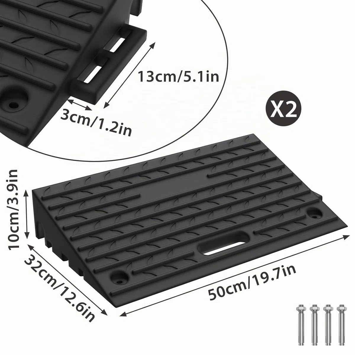 UISEBRT Lot de 2 rampes de trottoir en caoutchouc pour bordures, allées, garages, rampes de seuil de porte robustes, avec fonction portable, antidérapantes et résistantes aux intempéries, noir, 53 x