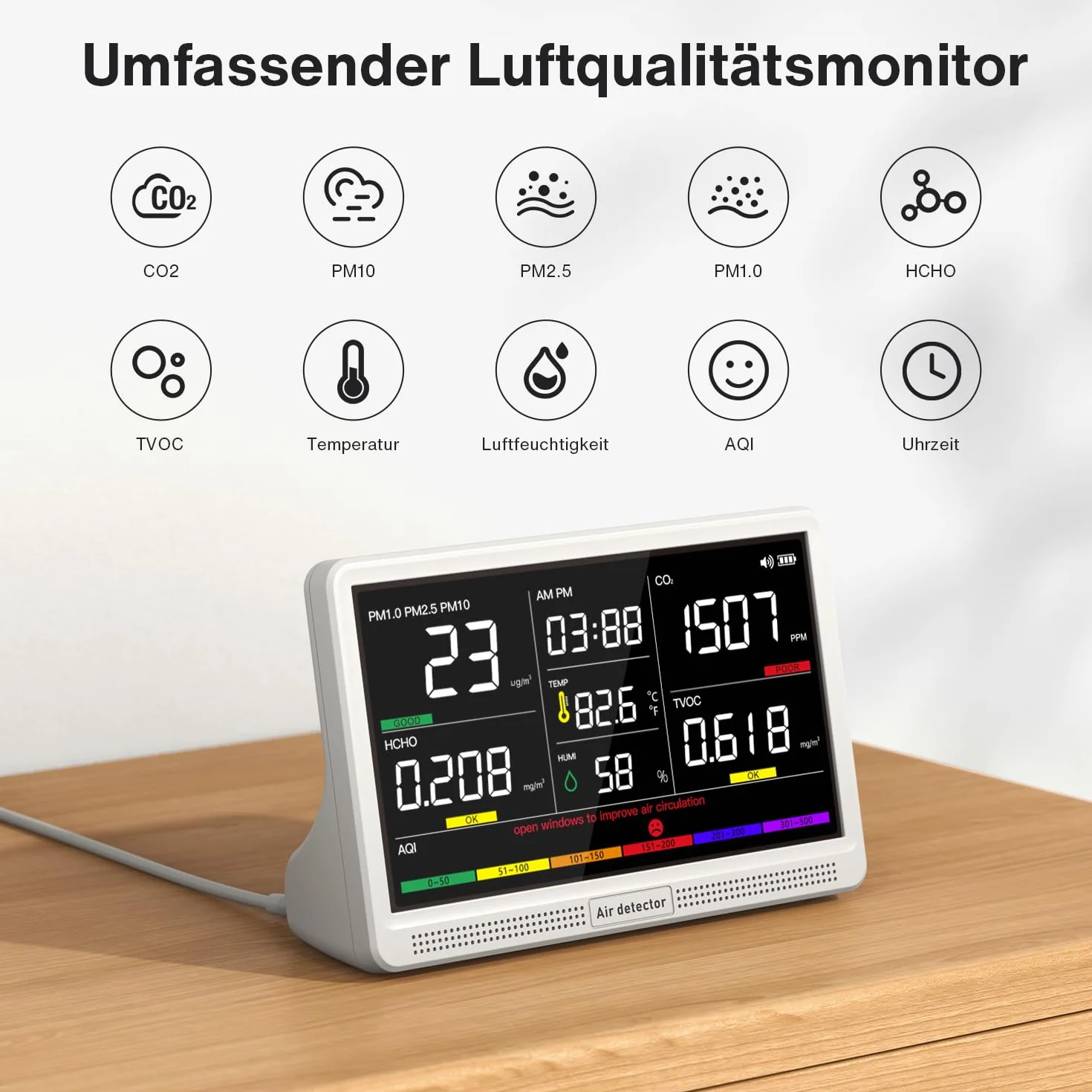 bonoch 16 en 1 Appareil de Mesure de la Qualité de l'Air Écran 7" – 9 Paramètres AQI + 7 Alertes – Détecteur de COV, CO2, PM2.5 PM1.0 PM10, HCHO (Air Quality Monitor) Température, Humidité, AQI, Heure