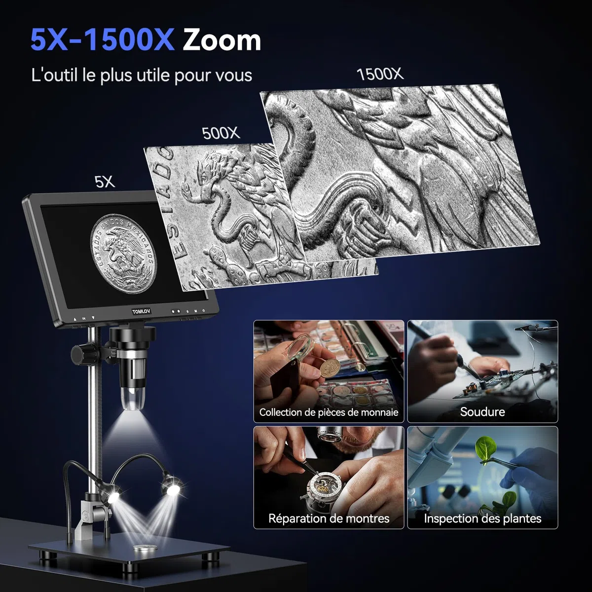 TOMLOV DM9 Max Microscope numérique 10,1 Pouces 20MP Caméra de grossissement de Monnaie écran IPS HD LED réglable Compatible PC/TV