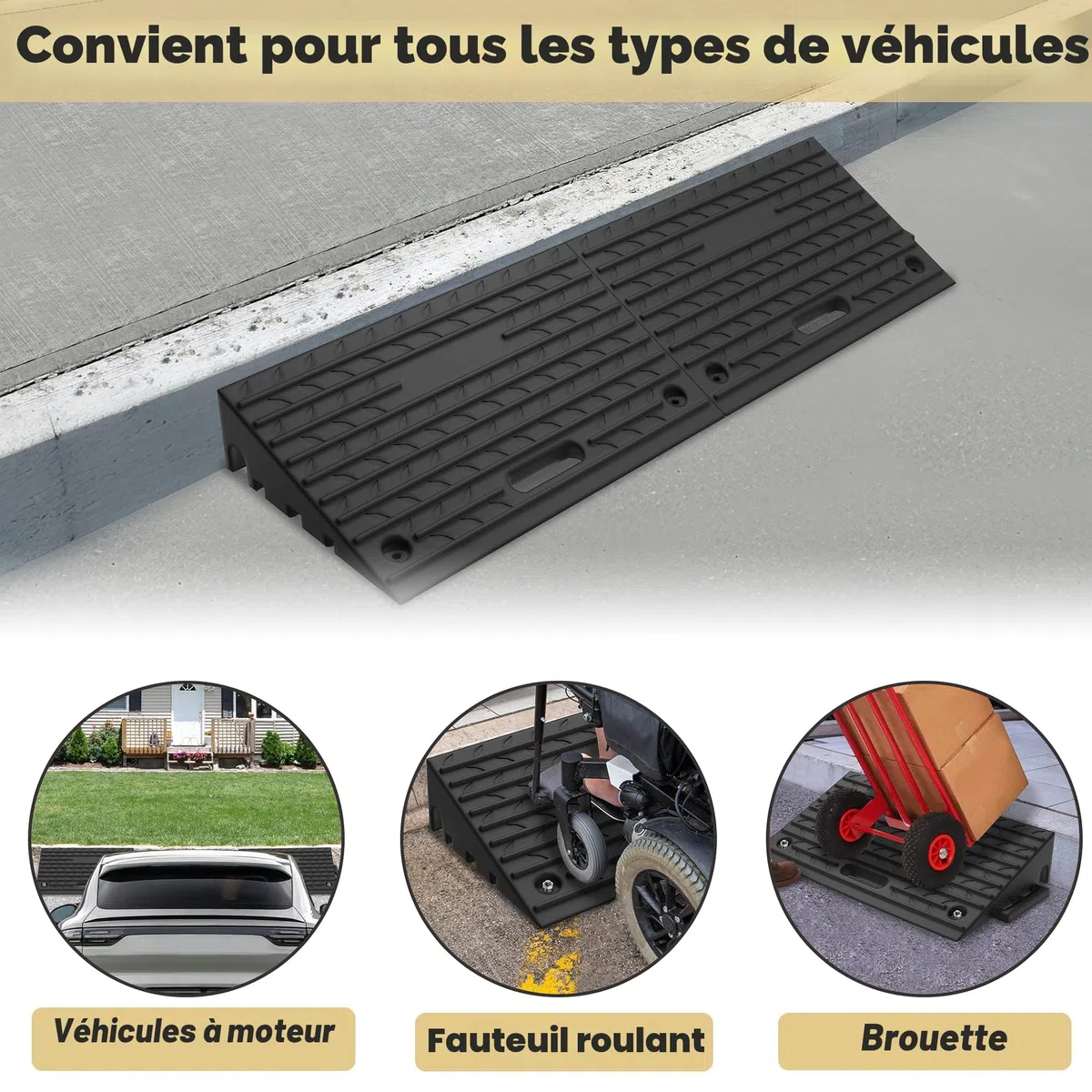 UISEBRT Lot de 2 rampes de trottoir en caoutchouc pour bordures, allées, garages, rampes de seuil de porte robustes, avec fonction portable, antidérapantes et résistantes aux intempéries, noir, 53 x