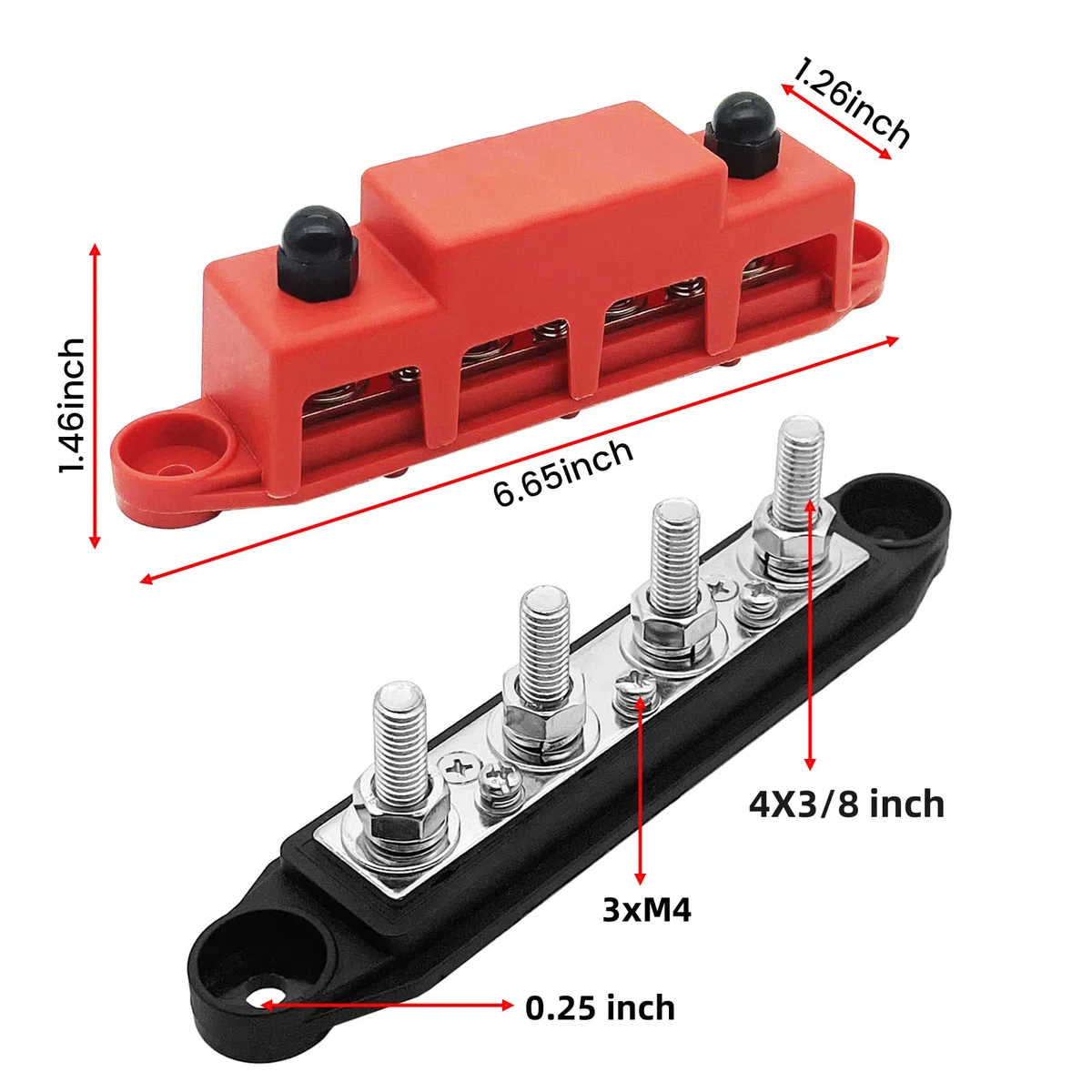 Bloc de Distribution D'alimentation 12V-48V dc Bus Bar, 250A Barre de Bus Rails de Collecte Couvercle avec 4 X M10(3/8") Boulons de Raccordement pour Voiture Camion Bateau (Rouge & Noir)