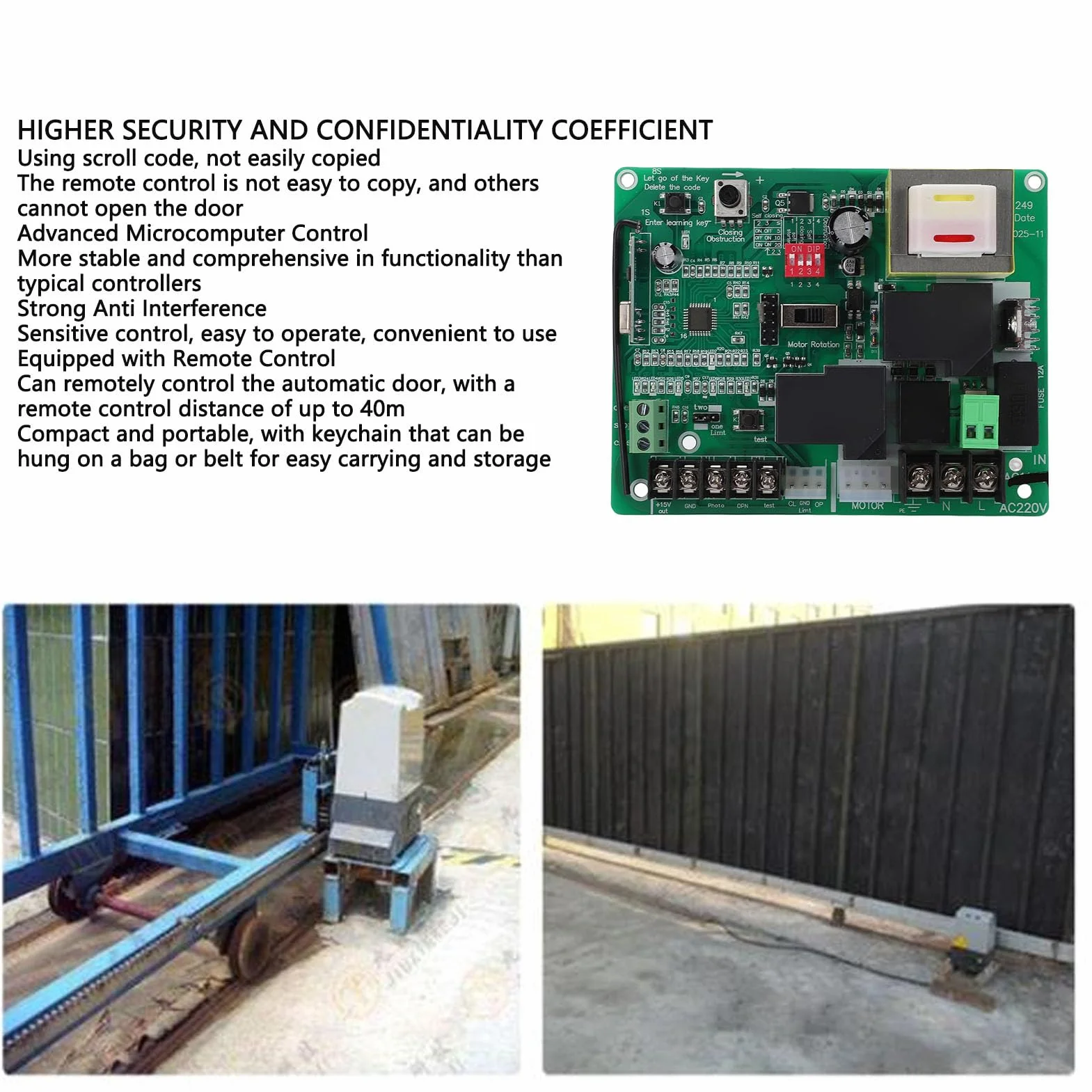 Carte de Commande D'ouvre-Porte Coulissante, Kit de Circuit imprimé de Contrôleur de Porte électrique à Code Roulant 433,92 MHz avec 2 Télécommandes pour une Utilisation en Usine (220V)