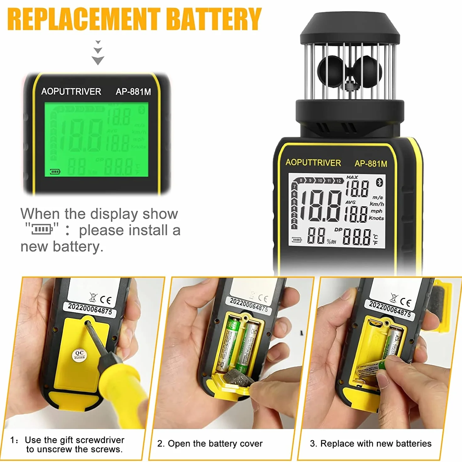 Anémomètre Numérique AP-881M Wind Cup, Anémomètre de Poche 360° Toutes Directions, Mesure Vitesse Vent Température LCD