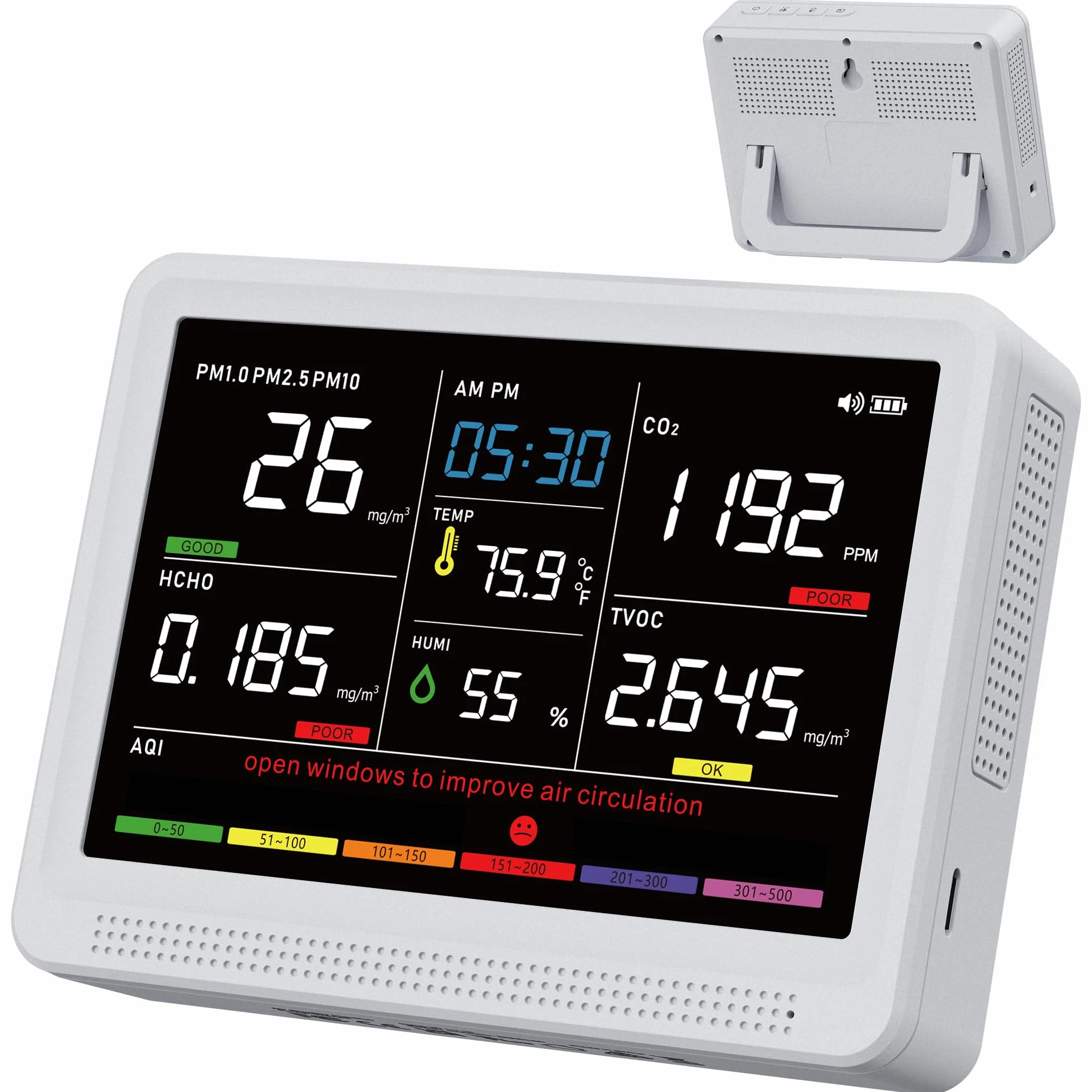 bonoch 16-en-1 Appareils Mesurant Qualité Air Intérieur avec Batterie 10h & Écran 5,5", 9 AQI + 7 Alertes, Détecteur de COV, CO2, PM2.5, PM1.0, PM10, HCHO, Température/Humidité & Heure-Blanc