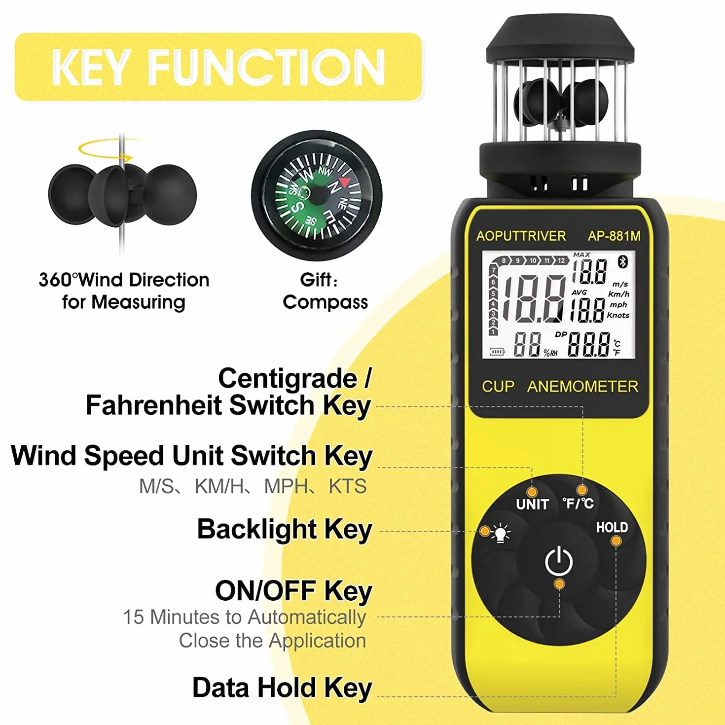 Anémomètre Numérique AP-881M Wind Cup, Anémomètre de Poche 360° Toutes Directions, Mesure Vitesse Vent Température LCD